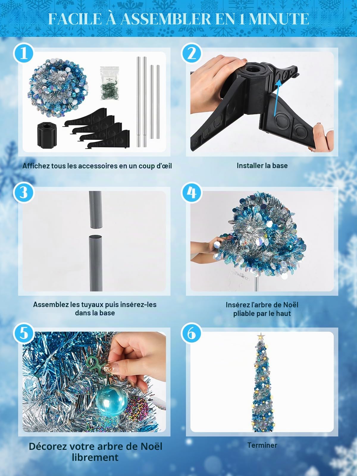 Kalolary 5 Pieds Sapin Noël Pop Up Arbre Artificiel avec Boules Décorative | Arbre De Noël Pliable Sapin de Noël Bleu Argenté Ornements pour la Maison la Fête Cheminée Décoration Intérieure