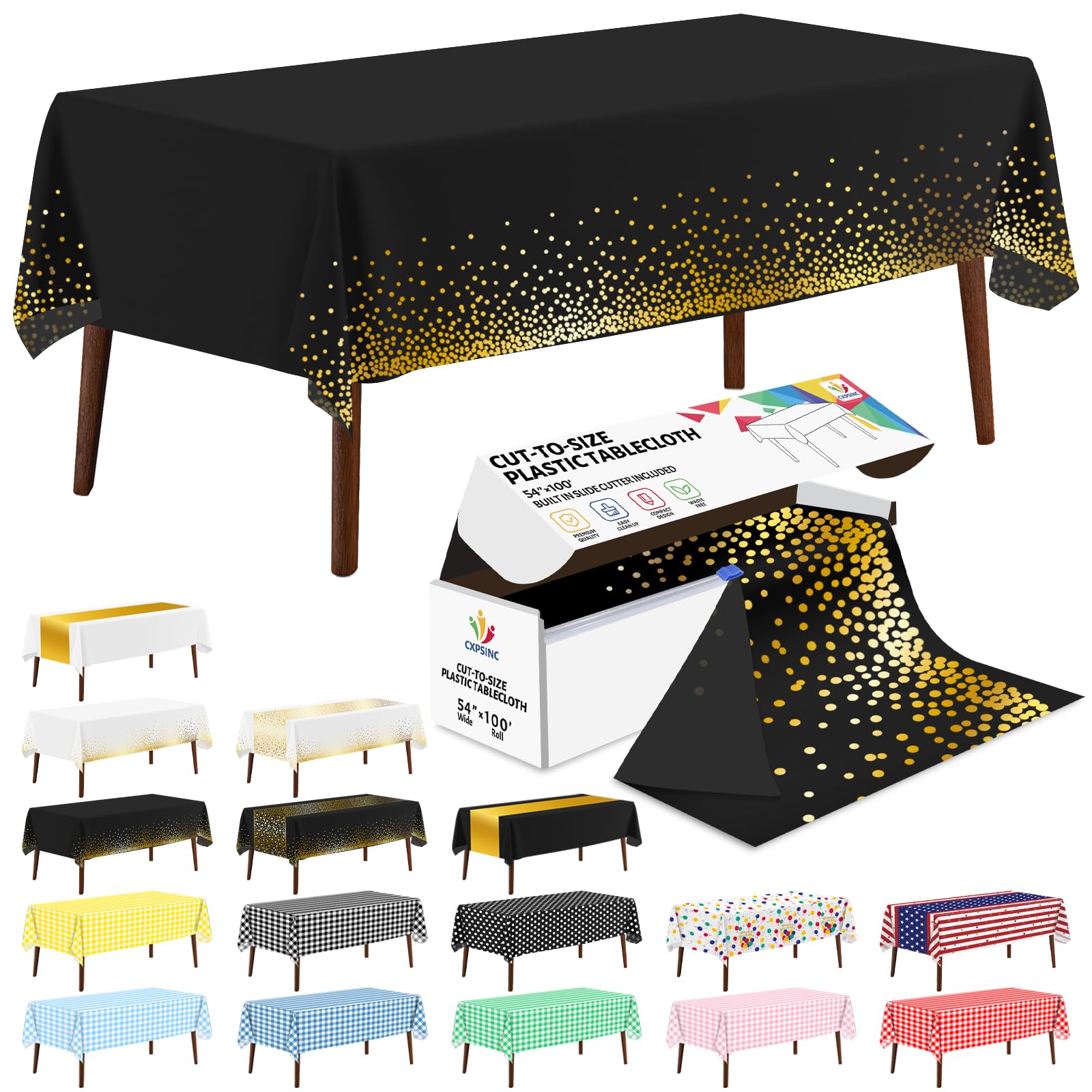 CXPSINC 54 Inch X 100 Feet Plastic Table Cover Roll Disposable Tablecloth with Slide Cutter for All Type/Shape Tables | Party, Banquet, Birthdays, Weddings(Black & Gold Dot, 100 Feet)
