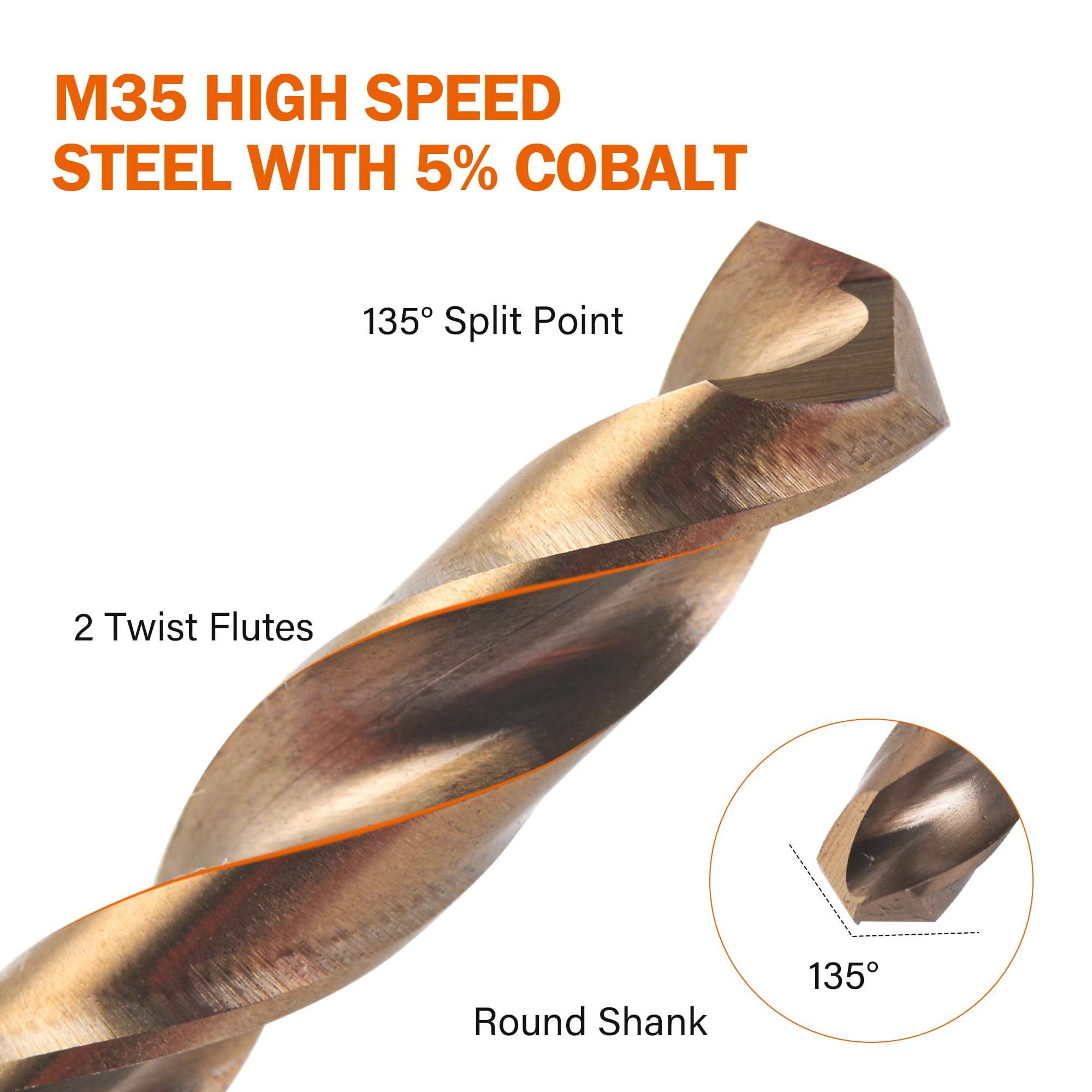KENDO 5/16 Zoll Kobaltbohrer (13 Stu00fcck), M35 Hochgeschwindigkeitsstahl, 135 Grad Spitze, Jobber Lu00e4nge Spiralbohrer-Set Fu00fcr Hartmetall, Edelstahl, Gusseisen, Holz Und Kunststoff, Mit