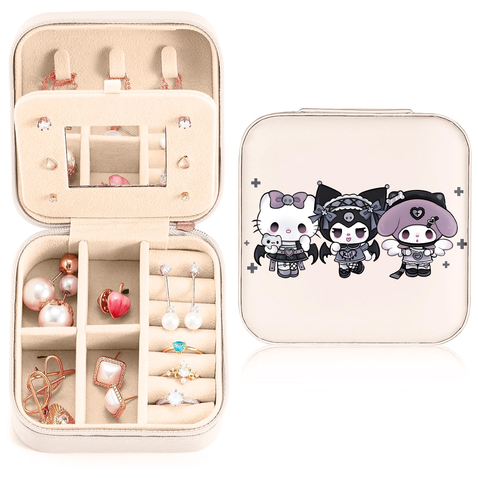 Genérico Joyero de Viaje Con Espejo,Blanco Portátil Jewelry Organizer, Joyero Organizador de Viaje de Cuero PU, Cute Lindo Cartoon Motif, para Pendientes, Anillos, Pendientes, Cadenas,para Mujer y Niña,Cartoon