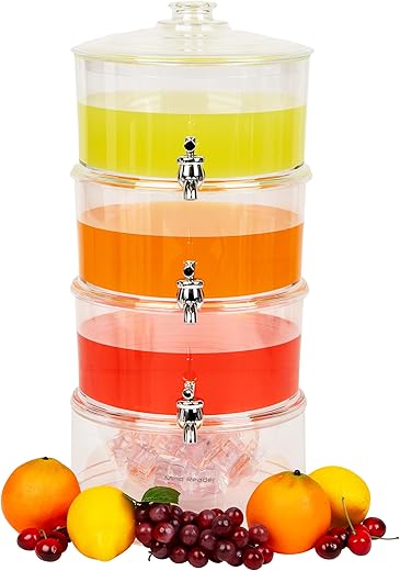 Mind Reader Beverage Dispenser with Ice Bottom, 3 Tier Stackable Holder with Lids, Acrylic Drinks Display with Spigots, Clear, One Size