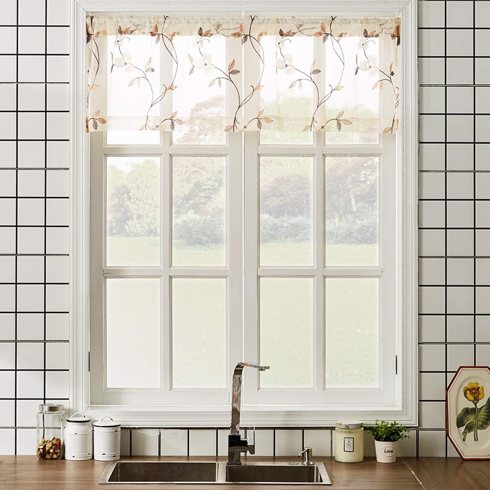 Tollpiz Taupe Leaf Sheer Valance Leaves Embroidered Living