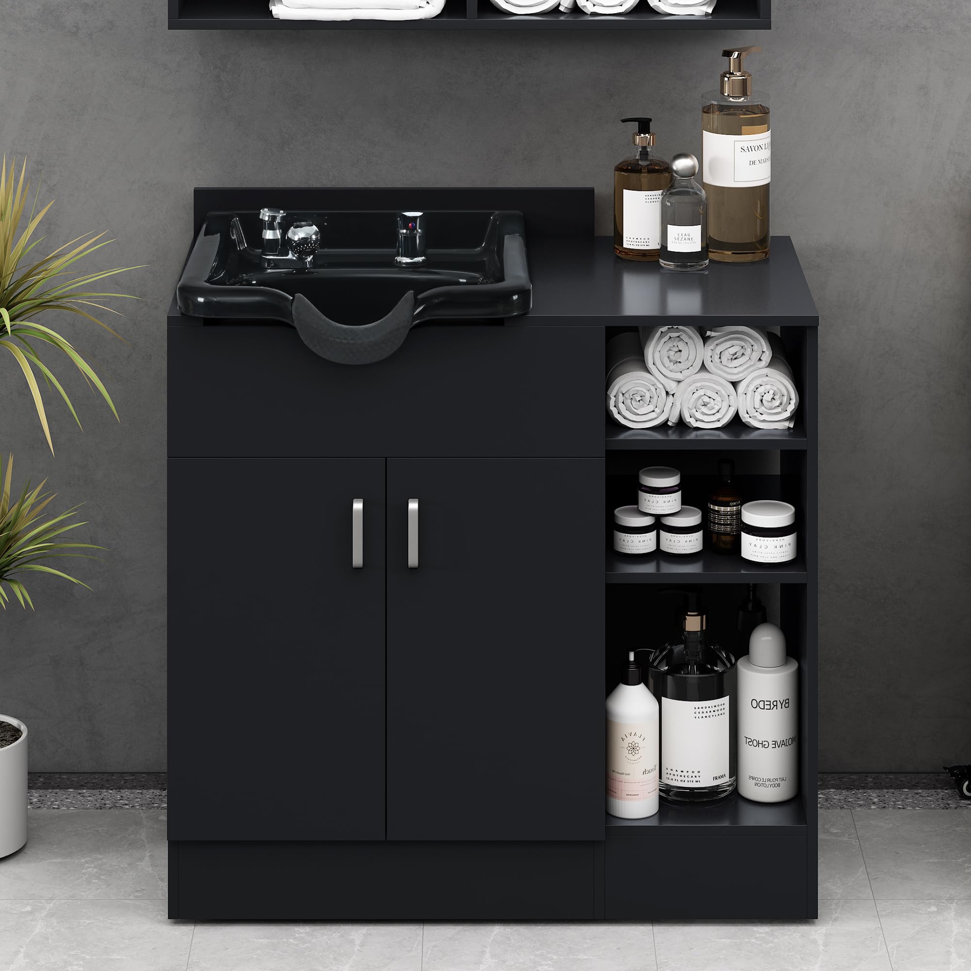 Shampoo Backwash Station for Salons and Spas - Featuring a Spacious Shampoo Bowl with Storage Layers - Ideal Salon Equipment for Barber Shops, Locker Rooms, and Bathrooms