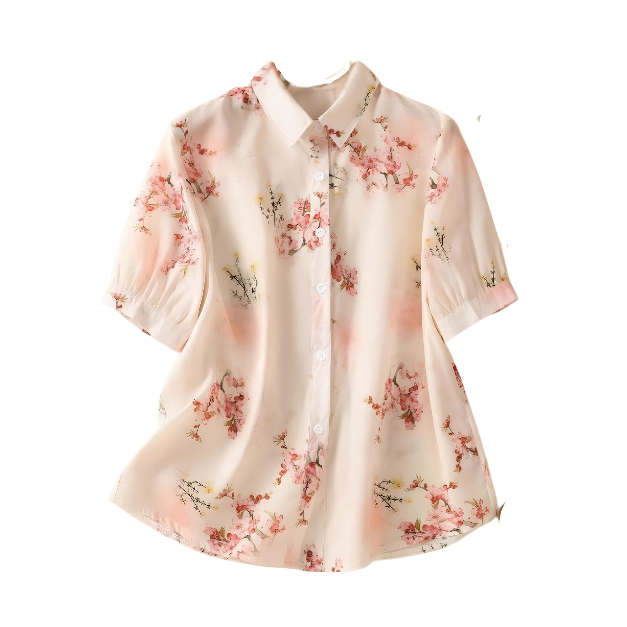 Women's Cream Floral Printed Western Shirt with Button Down Front, Short Puff Sleeves and Relaxed Fit Silhouette