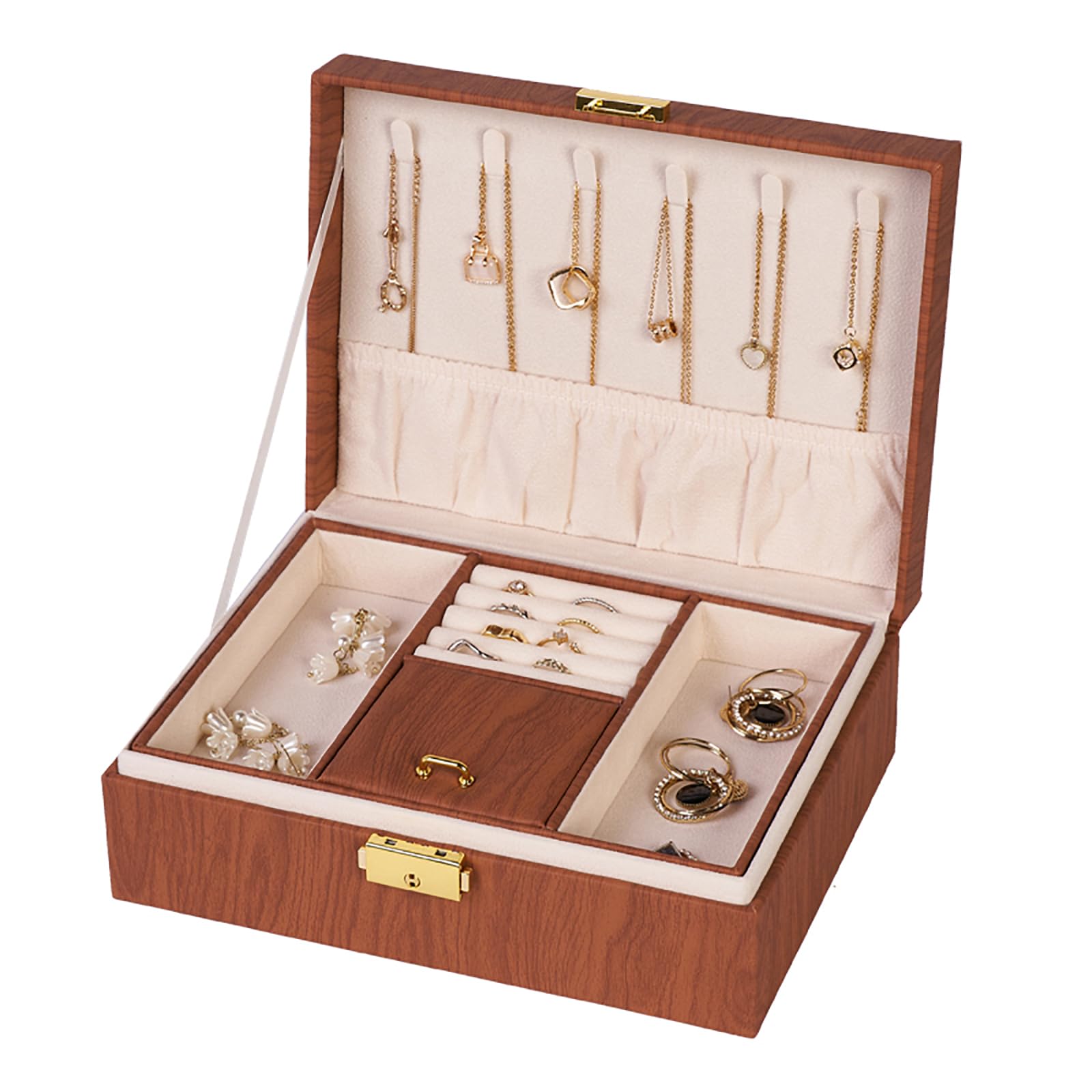 Jewelry Box Organizer for Women Girls Gift 2 Layer Large Jewelry Storage Case Vintage Wood PU Leather Display