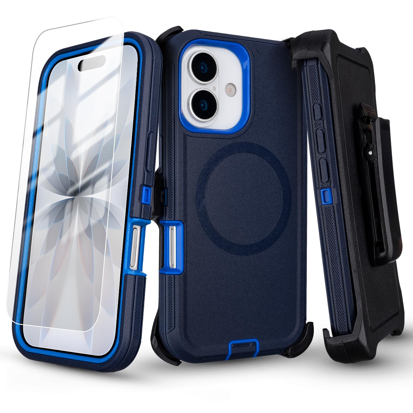 Magnetic for iPhone 17 Case with Belt Clip + Screen Protector, Navy Blue | Full Body Prot…