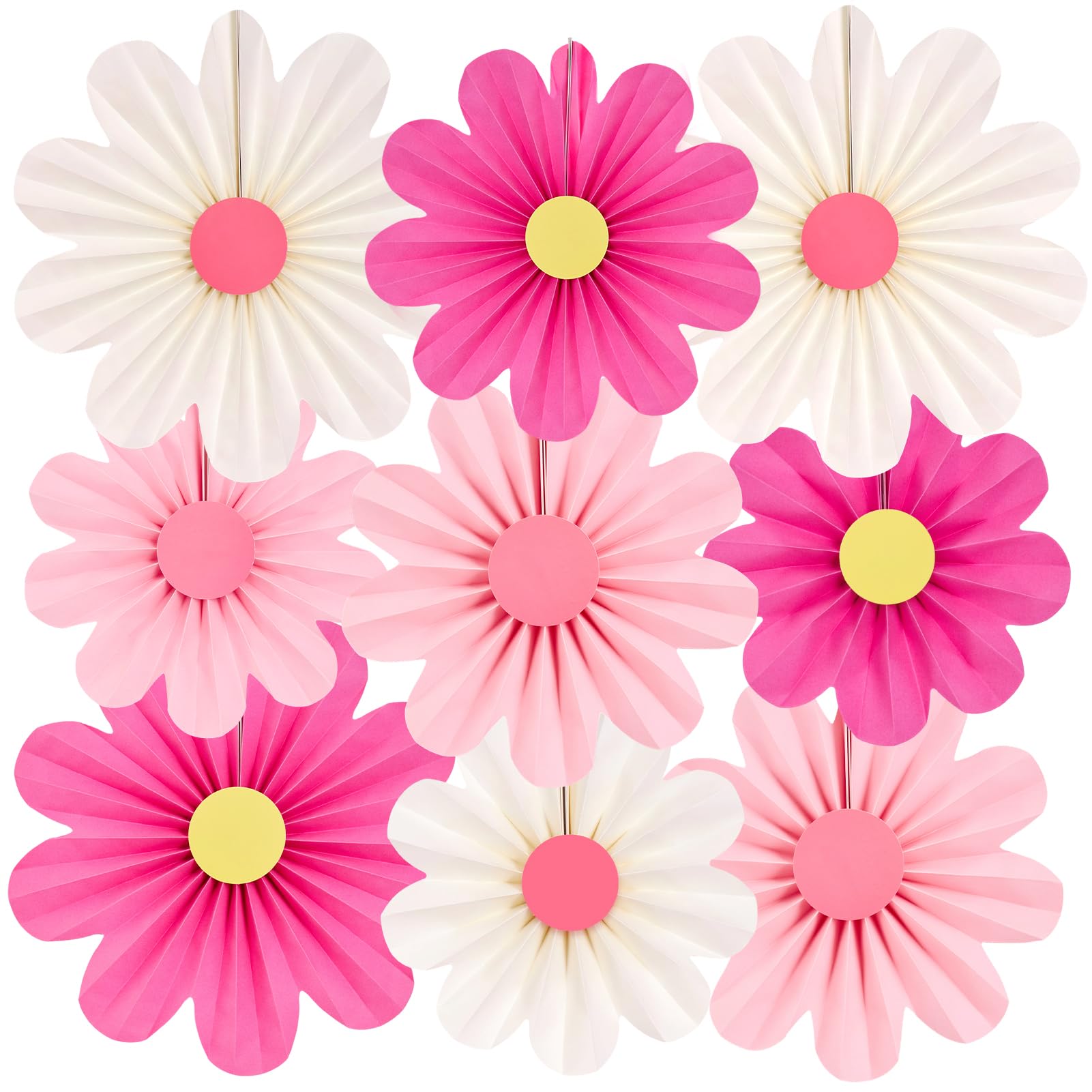 SUNBEAUTY Paper Flowers Decorations Pink Daisy Paper Flowers Decorations for Wall Hanging Paper Fans Decoration Floral Backdrop Decor for Birthday Wedding Baby Shower Classroom Decoration Set of 9