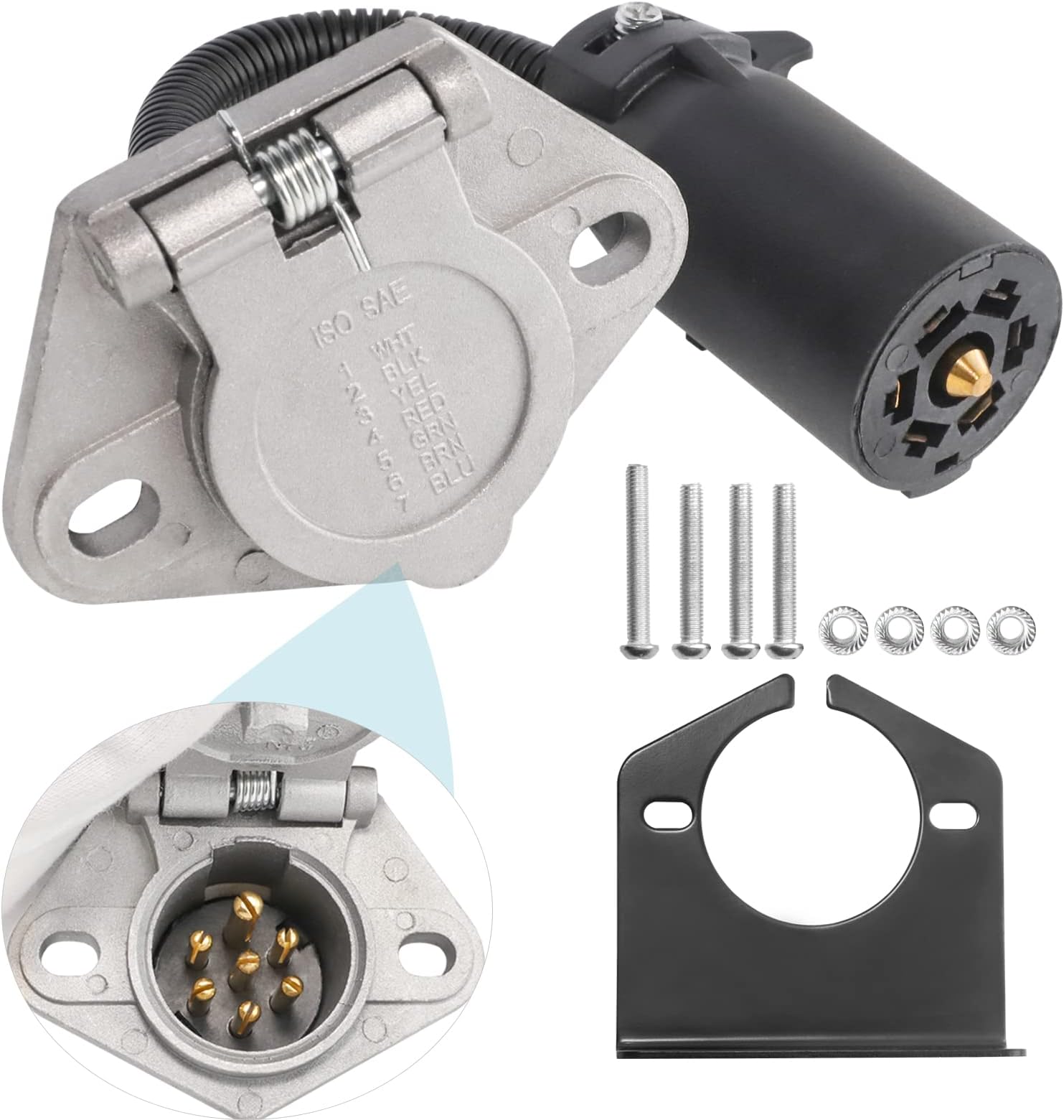 MECMO 7-Way RV Blade to 7 Way Round Pin Trailer Adapter Connector, Die-cast Zinc with Mounting Bracket - Silver