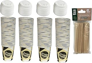 ARBUTUS 48 vasos café desechables de cartón para café de 120ml con 48 tapas plastico,vasos para llevar y 50 paletinas de madera.