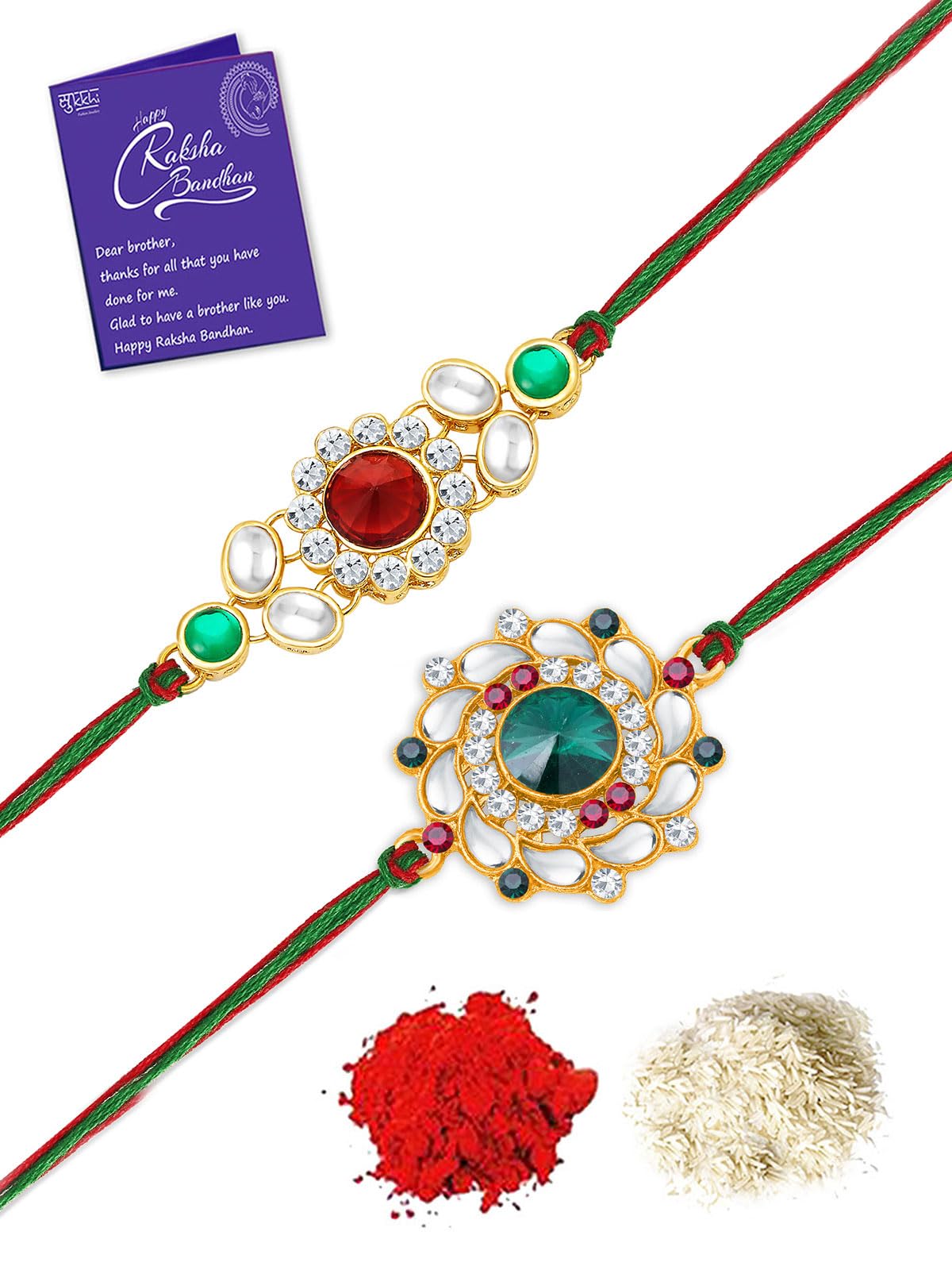 Sukkhi Rakhi Appealing Kundan Rakhi Combo & Designer Gold Plated Premium Rakhi for Brother, Roli Chawal & Greeting Card|Rakhi for Bhaiya|Rakhi for MEN|Kundan Rakhi|Rakhi Combo-Set of 2 |CBRAK105021 (B0C7W3S7BX) Amazon Price History, Amazon Price Tracker