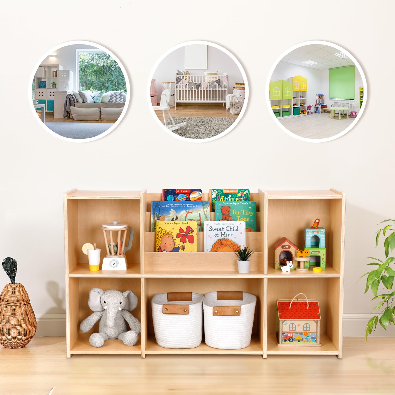 OOOK Étagère à Livres Rangement de Jouets, 2 étagères Horizontales 5 Compartiments, idéal pour Salle de Jeu, Classe d'enfants et garderie