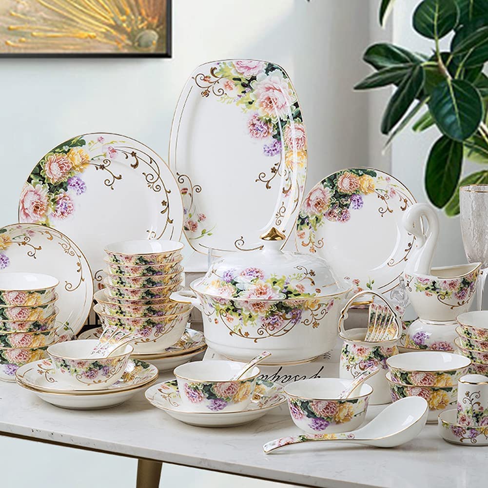 Luksusowy Zestaw Naczyń Ceramicznych, Talerze I Miski Phnom Penh, Zestawy Obiadowe Z Motywem Kwiatów Podszkliwnych Na Przyjęcie Rodzinne, Serwis Dla 6-8 Osób