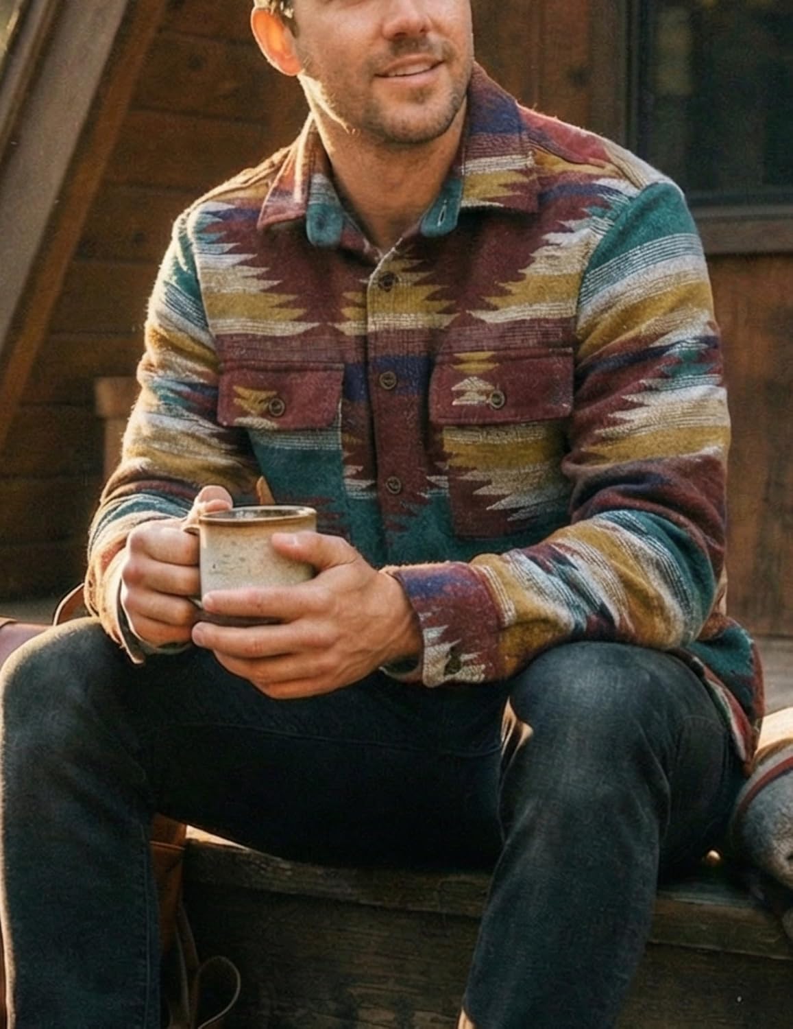 ZAFUL Mens Aztec Print Button Up Lapel Tribal Shirt Flannel Shirts Tribal Geometric Ethnic Jacket Shacket(C3 XL) - Image 7