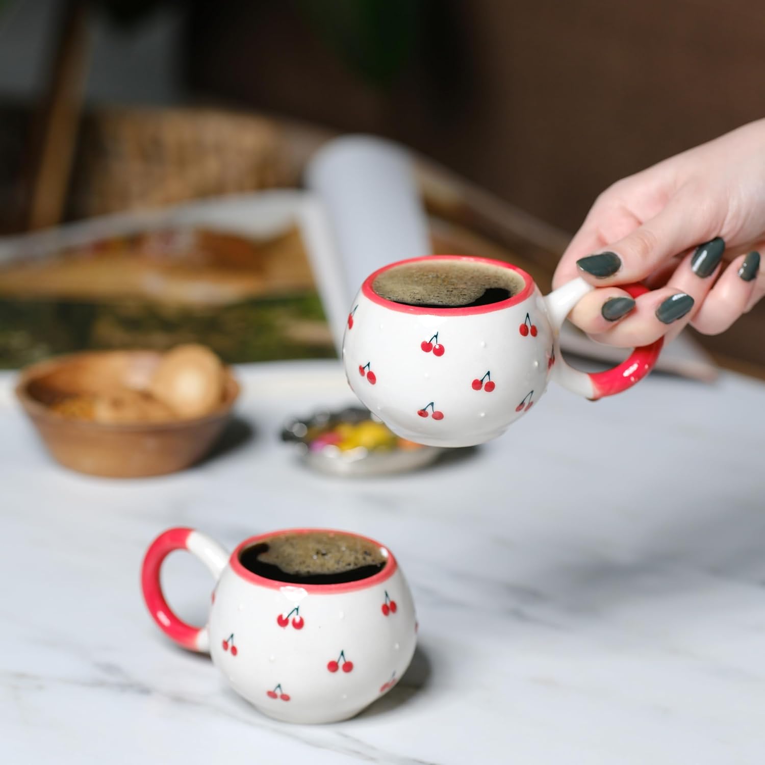 Ceramic Espresso Cups Cherry Patterned | Demitasse Coffee Mug Set of 2 | Cute Small Tea Cups | 5.5 oz | Cappuccino Cortado Cups - Image 3