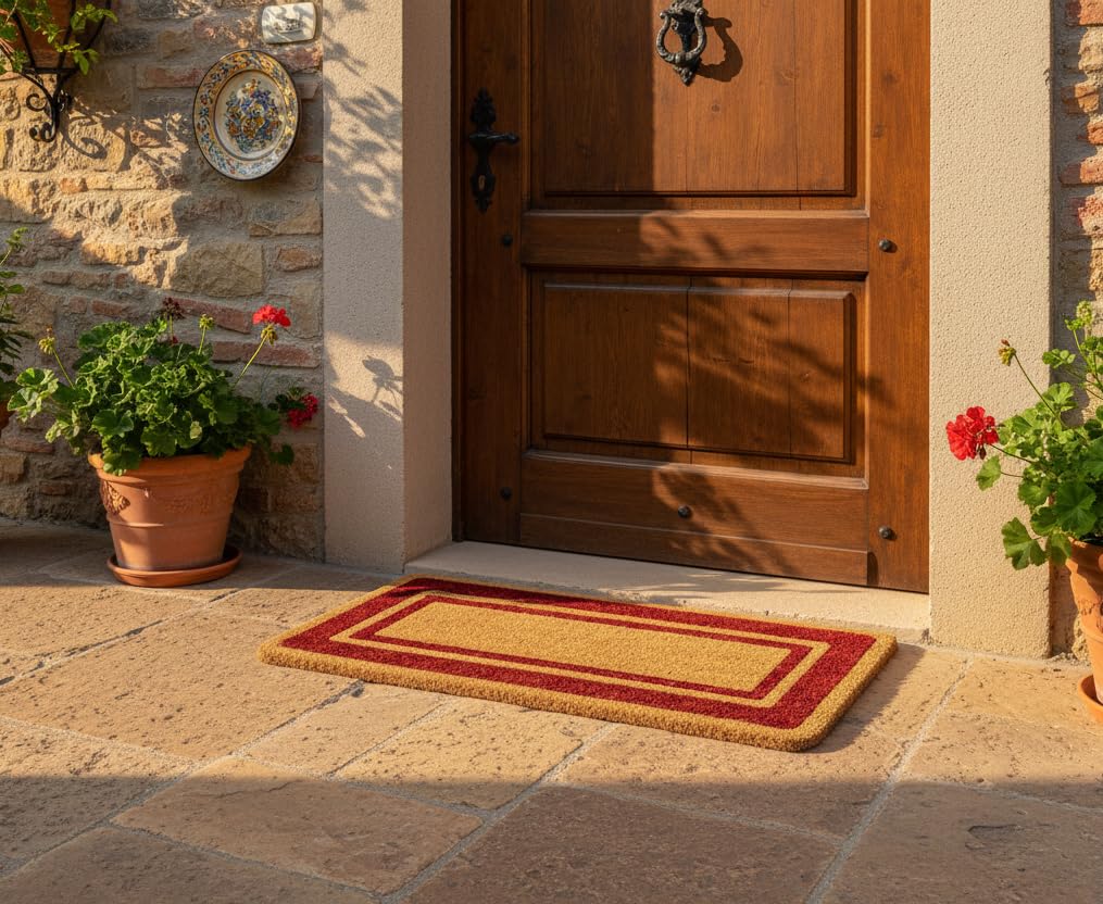 SaRani Paillasson en coco Tapis d'entrée en fibre naturelle, fond antidérapant, bord (rouge, 70 x 140 cm)