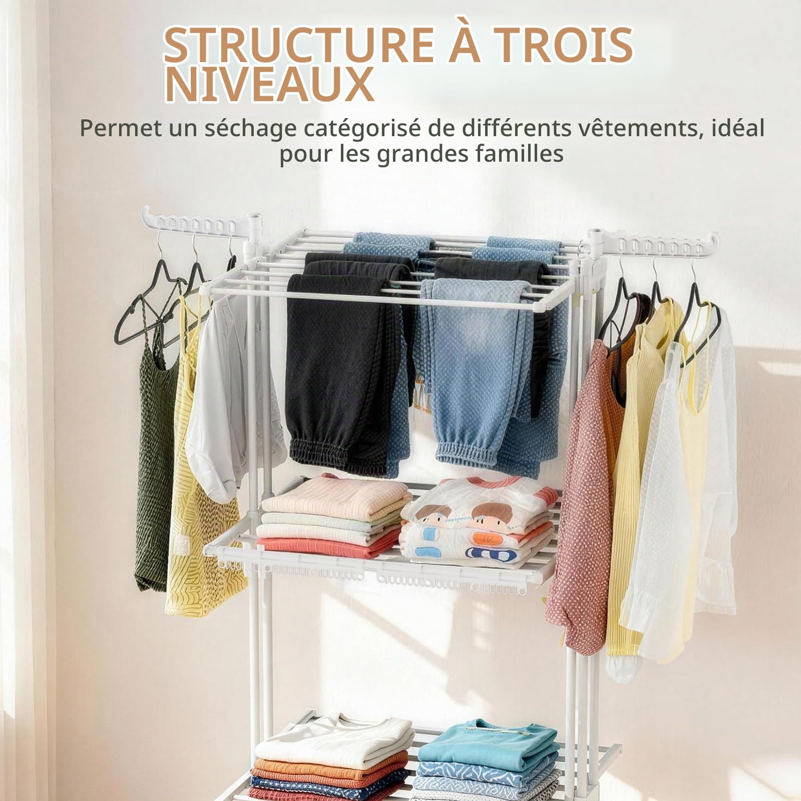 Étendoir à Linge 3 ÉTAGES Extensible & Pliable (66-130 CM) - Compact, 40 kg Capacité pour Petits Espaces,Blanc
