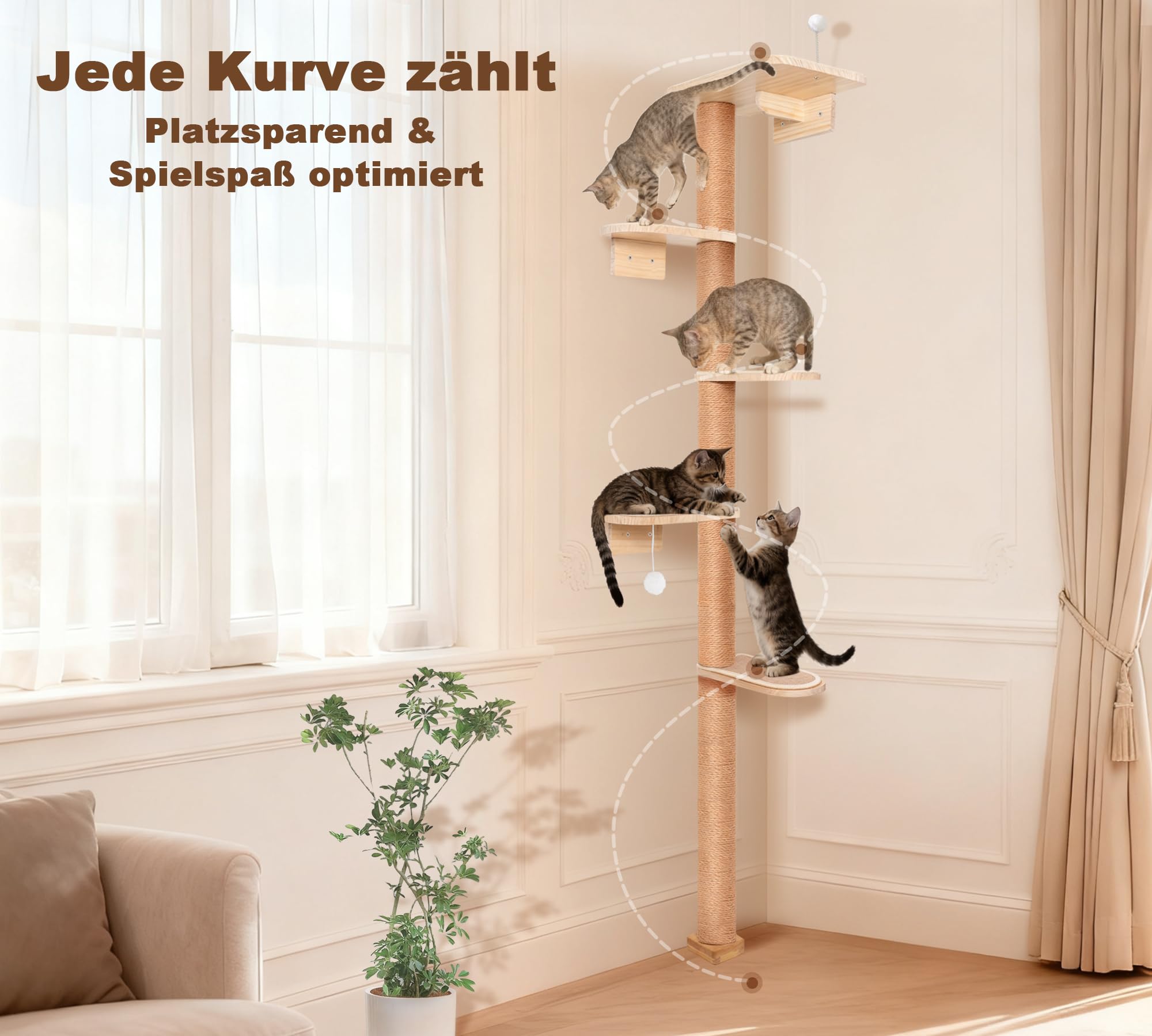 Katzen Wandkratzbaum 210cm, 5 Etagen mit Natursisal | 210cm hoher Katzen Kratzbaum, 5 Ebenen mit natürlichem Sisalseil, platzsparende Wandmontage, ideal zum Klettern und Kratzen