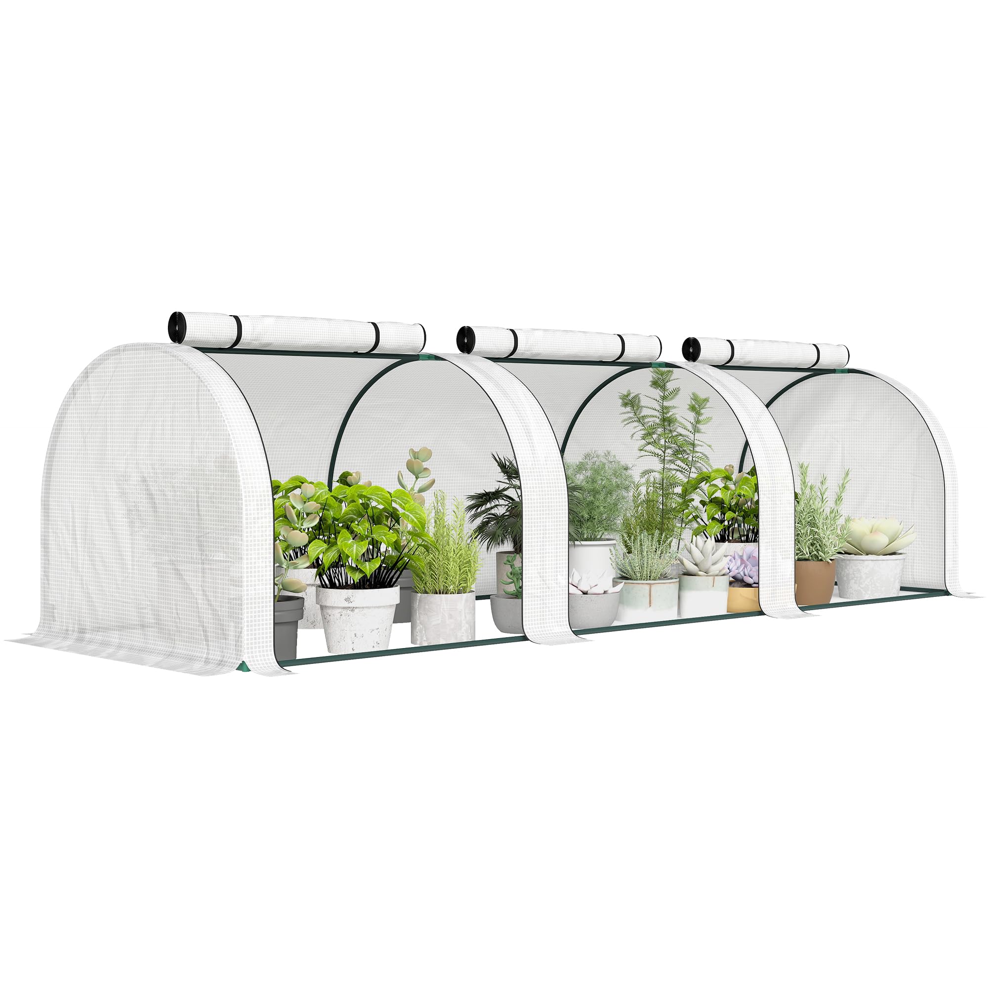 Outsunny Serra Tunnel PE con Telaio in Acciaio 295 x 100 x 80 cm Bianco | Casa di coltivazione verde, tunnel in polietilene, porte con cerniera, per giardino