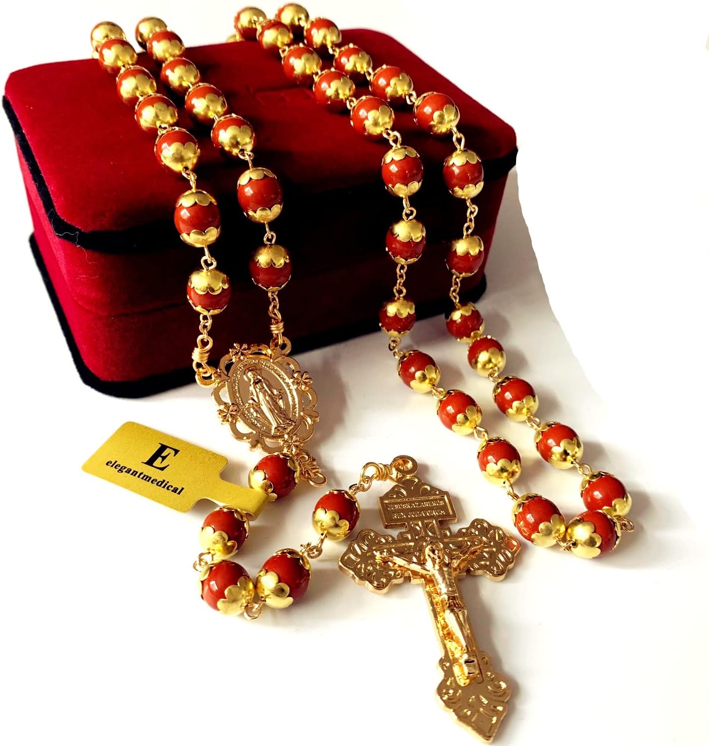 elegantmedical Red Agate Beads Catholic Rosary Necklace Cross Crucifix Religions Gift Box - Image 2