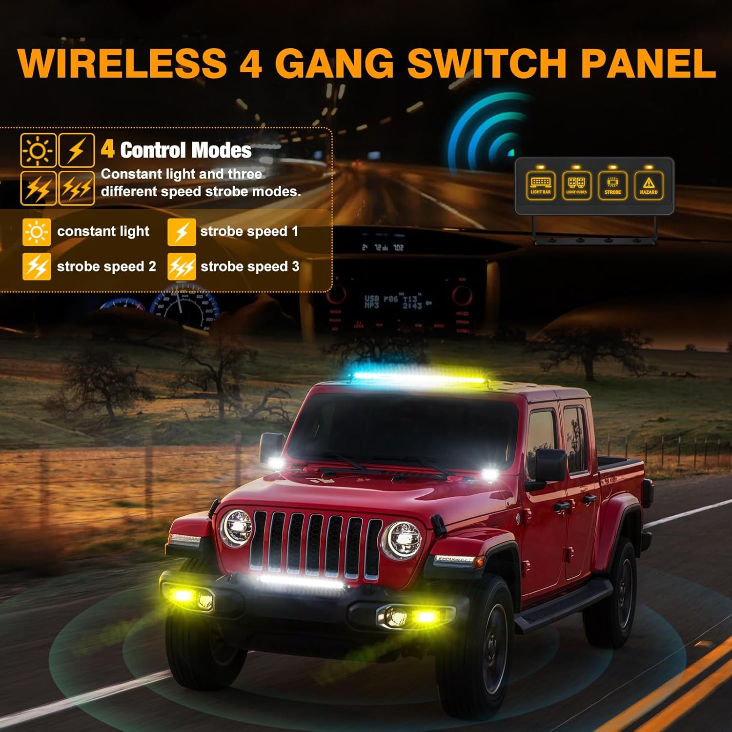 Wireless 4 Gang Switch Panel, Muto-Beam Multifunction Remote Control Switch Panel Auxiliary Universal Circuit Control Box with 4 Modes Strobe Memory Relay System for Truck SXS UTV ATV Car RV Boat