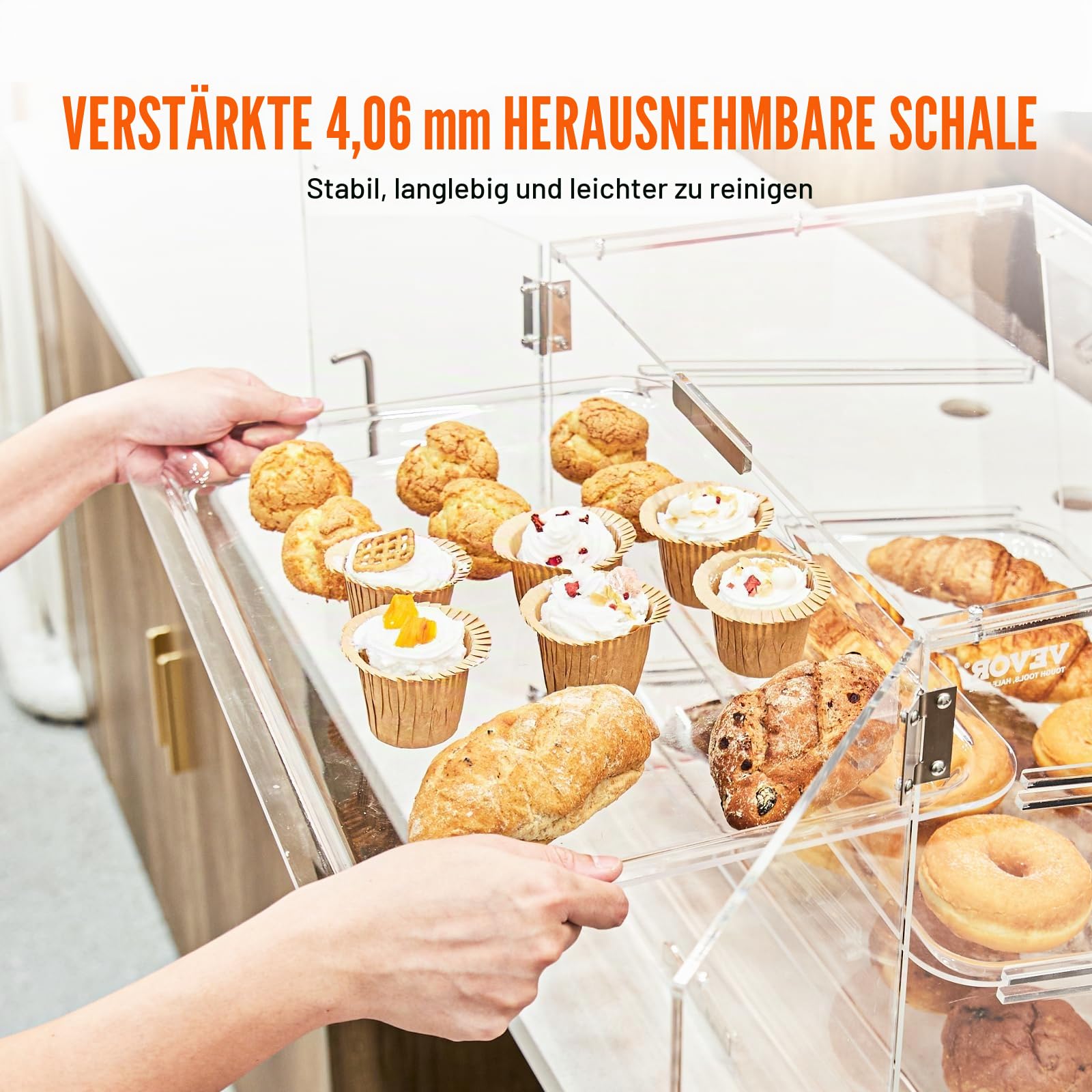 VEVOR 2-stöckige Gebäck-Vitrine, Kommerzielle Tabletts 510 x 350 x 35 mm, Bäckerei-Vitrine, Acryl-Vitrine mit Zugang zur Hintertür und abnehmbaren Regalen, für Donut-Bagels, Kuchen, Kekse usw.