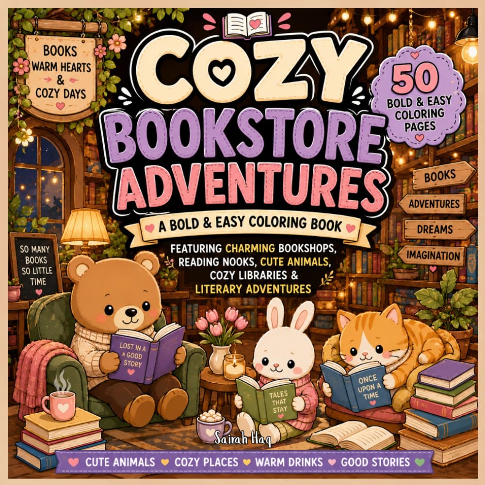 Cozy Bookstore Adventures: A Bold & Easy Coloring Book Featuring Charming Bookshops, Reading Nooks, Cute Animals, Cozy Libraries & Literary Adventures