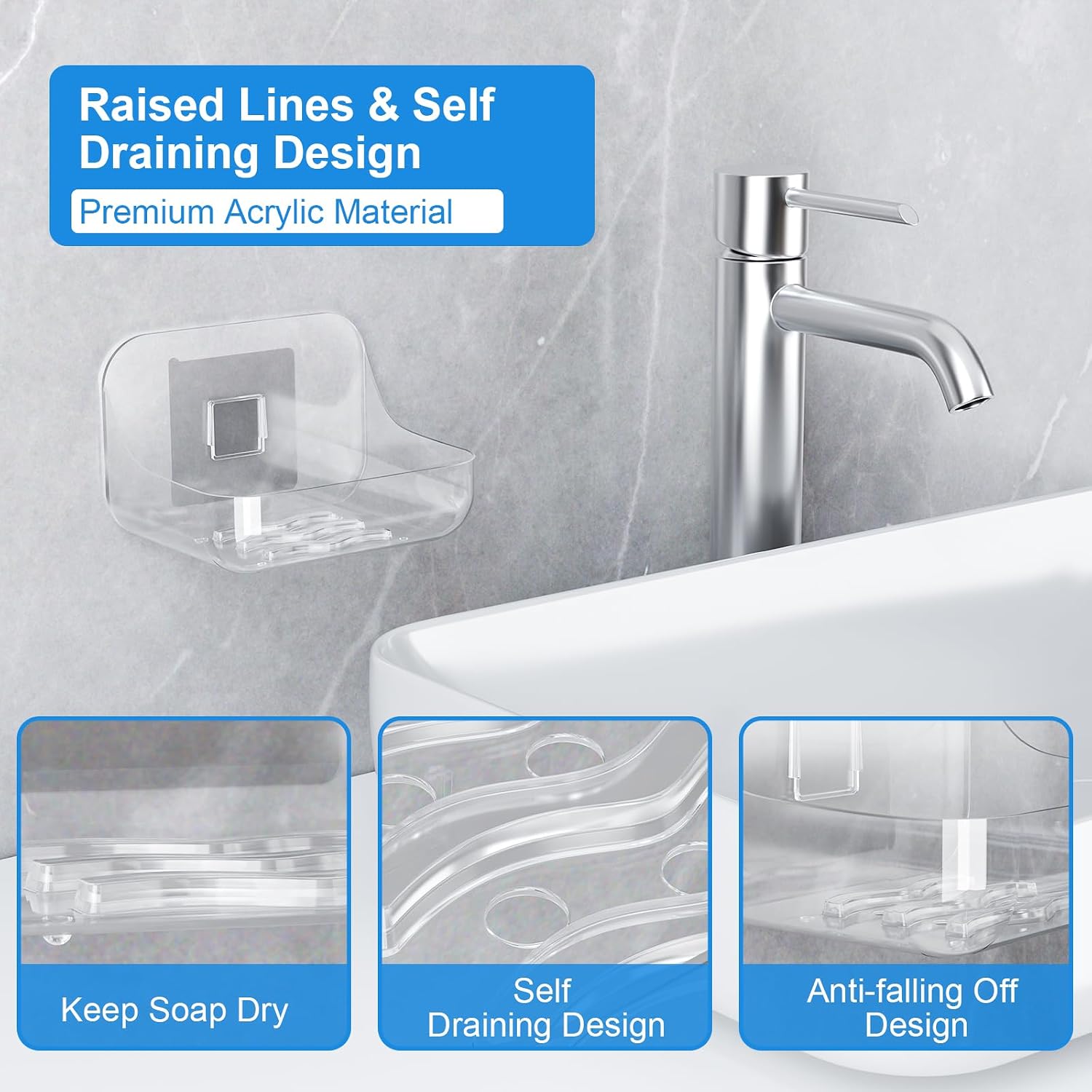 Acrylic Soap Dish, Clear Self Draining Soap Holder, No Drilling