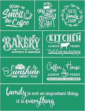JAJADO Farmhouse Kitchen Silk Screen Stencil Reusable Self Adhesive Stencil, Coffee Quotes Homemade Bakery Farmhouse Sign Making Burning Stencils for Painting On Wood/Ceramic/Fabric Art Craft 8.5x11