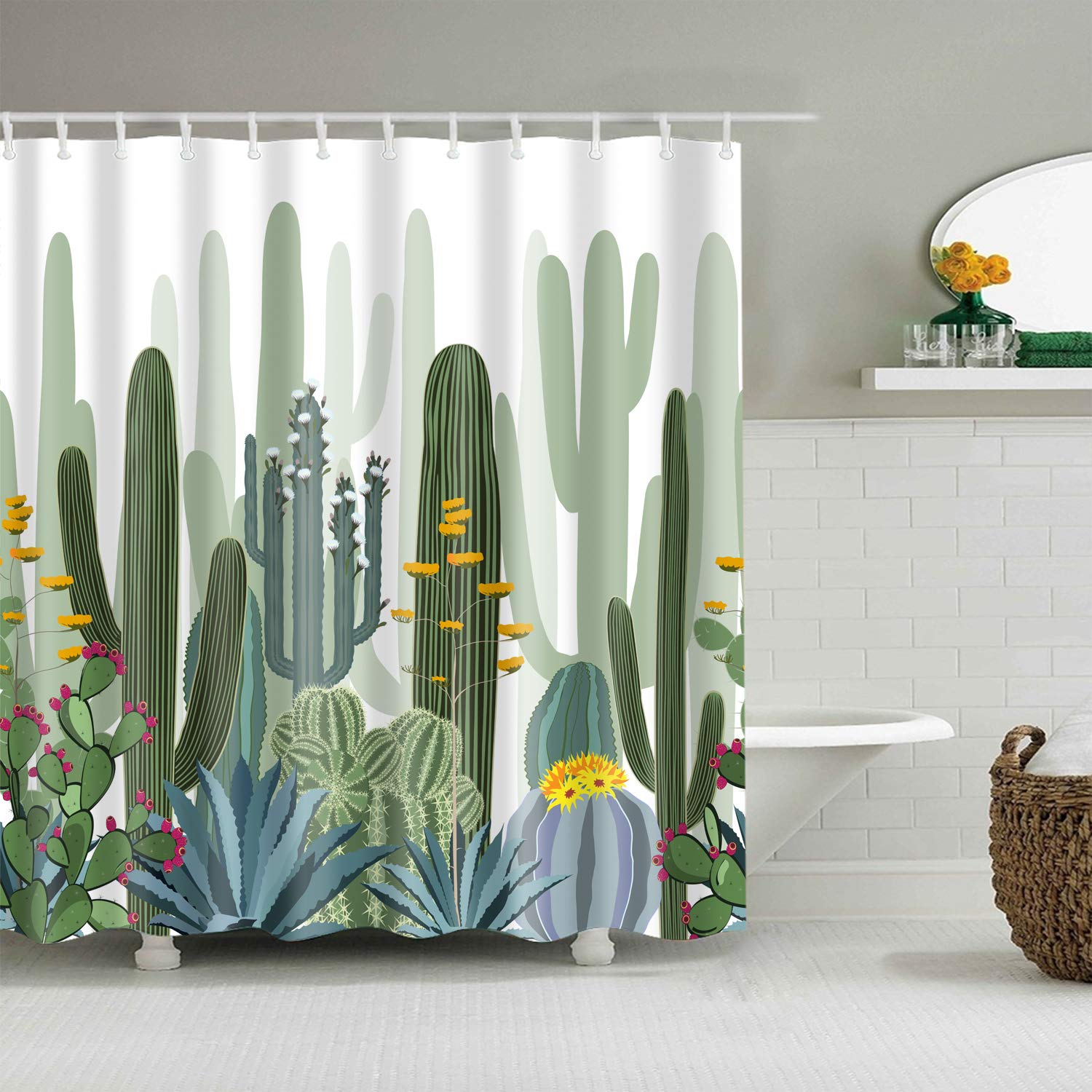 StoneMaxi Waterproof 180 x 180 Polyester Bathroom Shower Curtain Print Fabric With 12 Hooks Multiple Designs for Kid Cartoon Style Anti-Mould Proof Resistant Machine Washable (Cactus)