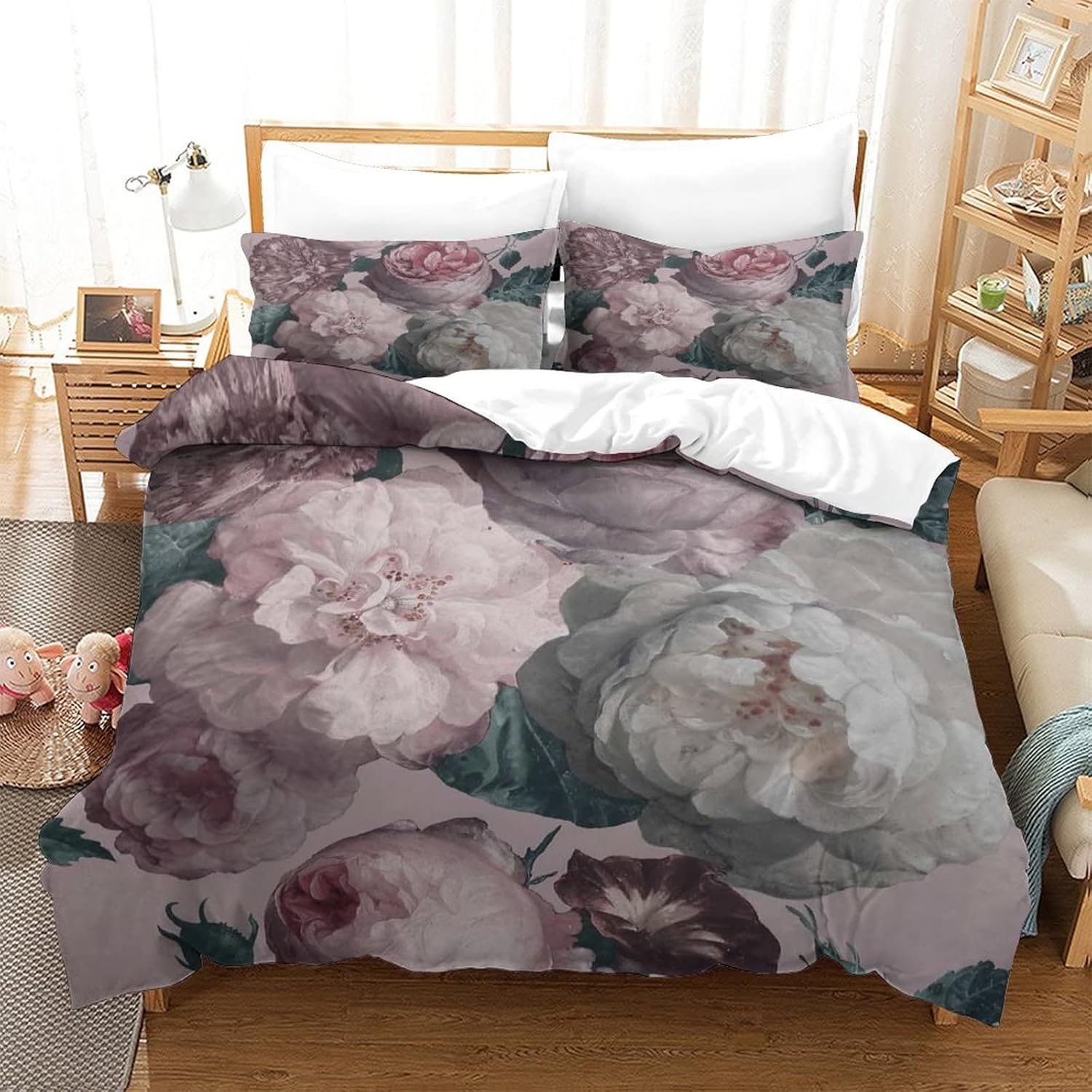 Pink Vintage Floral Duvet Cover, Watercolor Fiber Material Rose Quilt Cover for