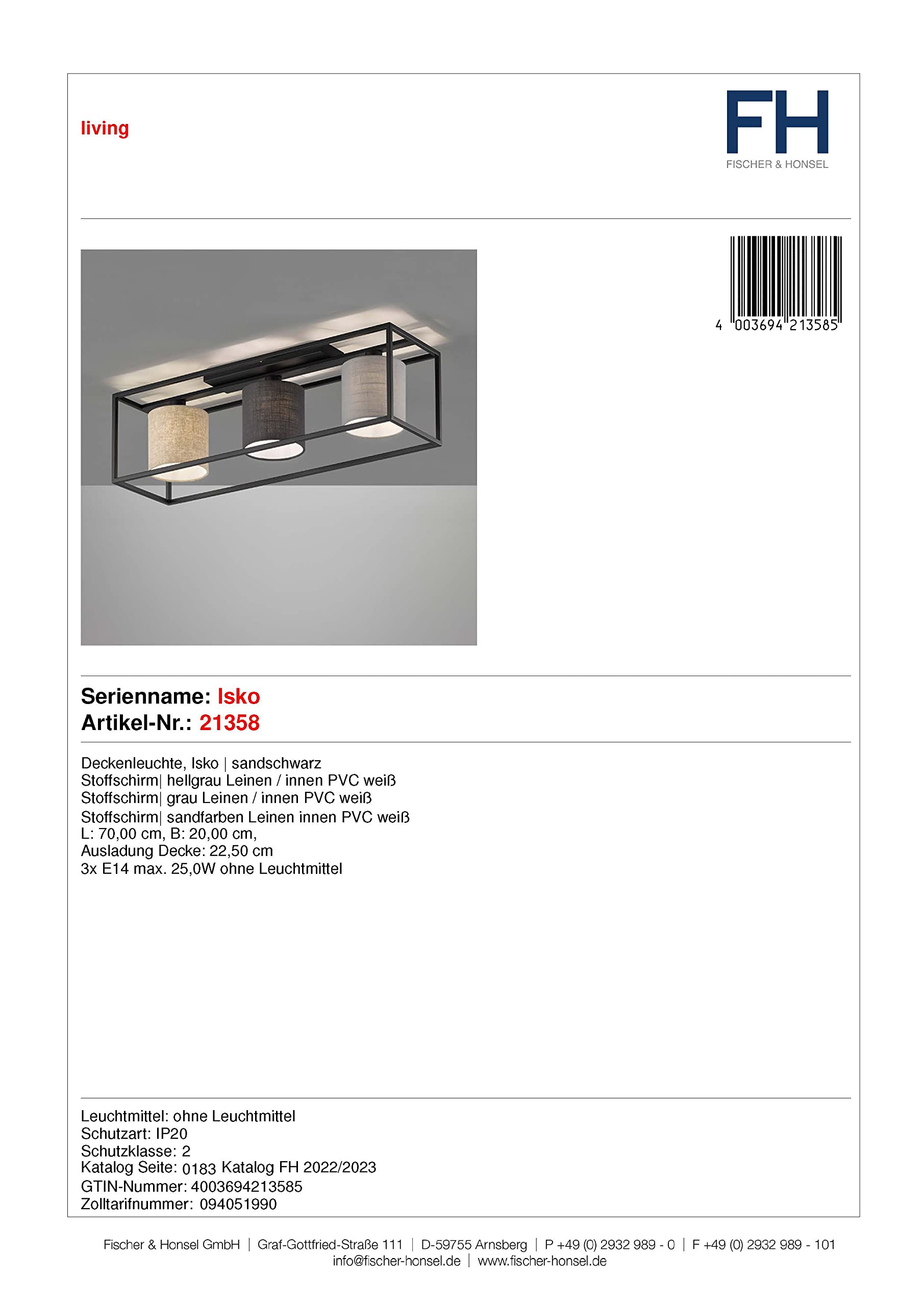 Fischer & Honsel | Deckenleuchte, Isko | sandschwarz|Leinen Stoffschirme: hellgrau, grau, sandfarben| L: 70,00 cm, B: 20,00 cm| Ausl. Decke: 22,50 cm| 3x E14 max. 25,0 Watt| 21358