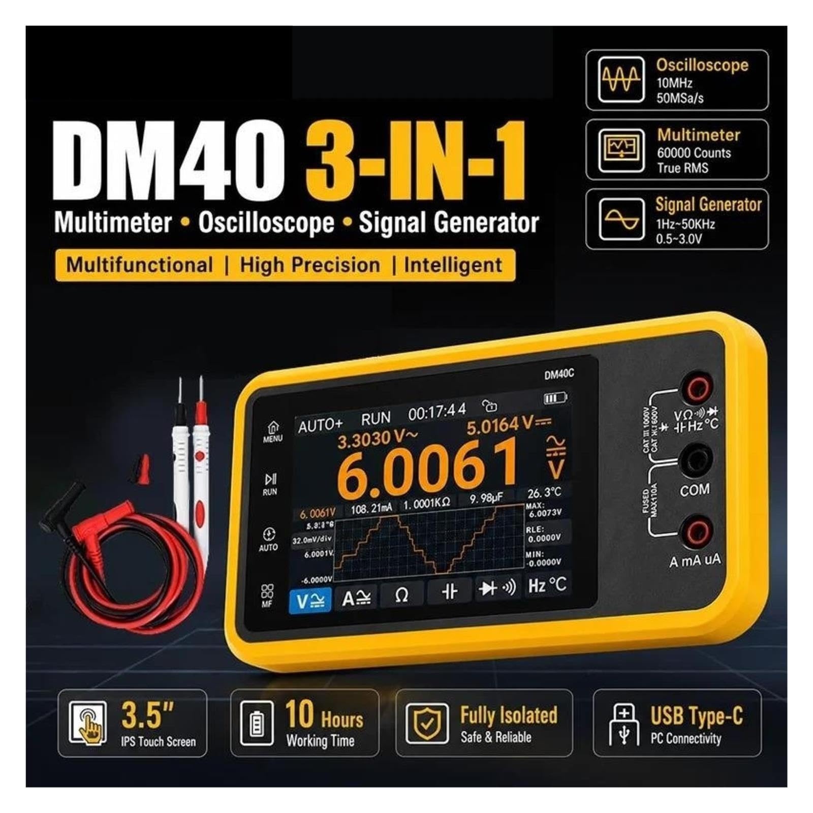 Osciloscopios, DM40 3 en 1 multímetro digital osciloscopio generador de señal 50M frecuencia muestreo herramienta automotriz