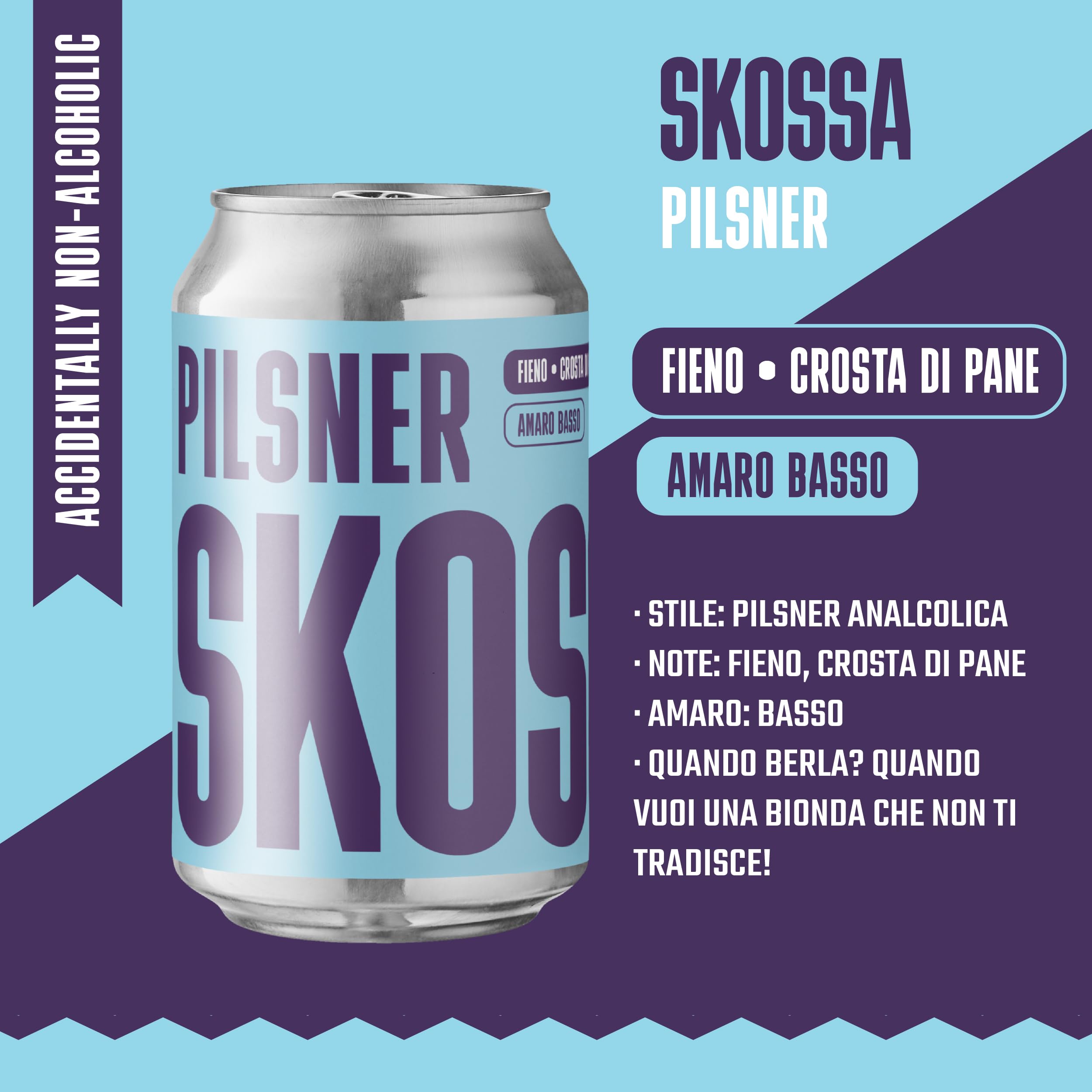 SKOSSA Pilsner Analcolica | 12 Lattine da 33 cl, Birra Lager Italiana Fresca e Leggera con Note Erbacee e Di Malto, Bevuta Secca e Pulita, Lattina in Alluminio Riciclabile, Alcohol Free