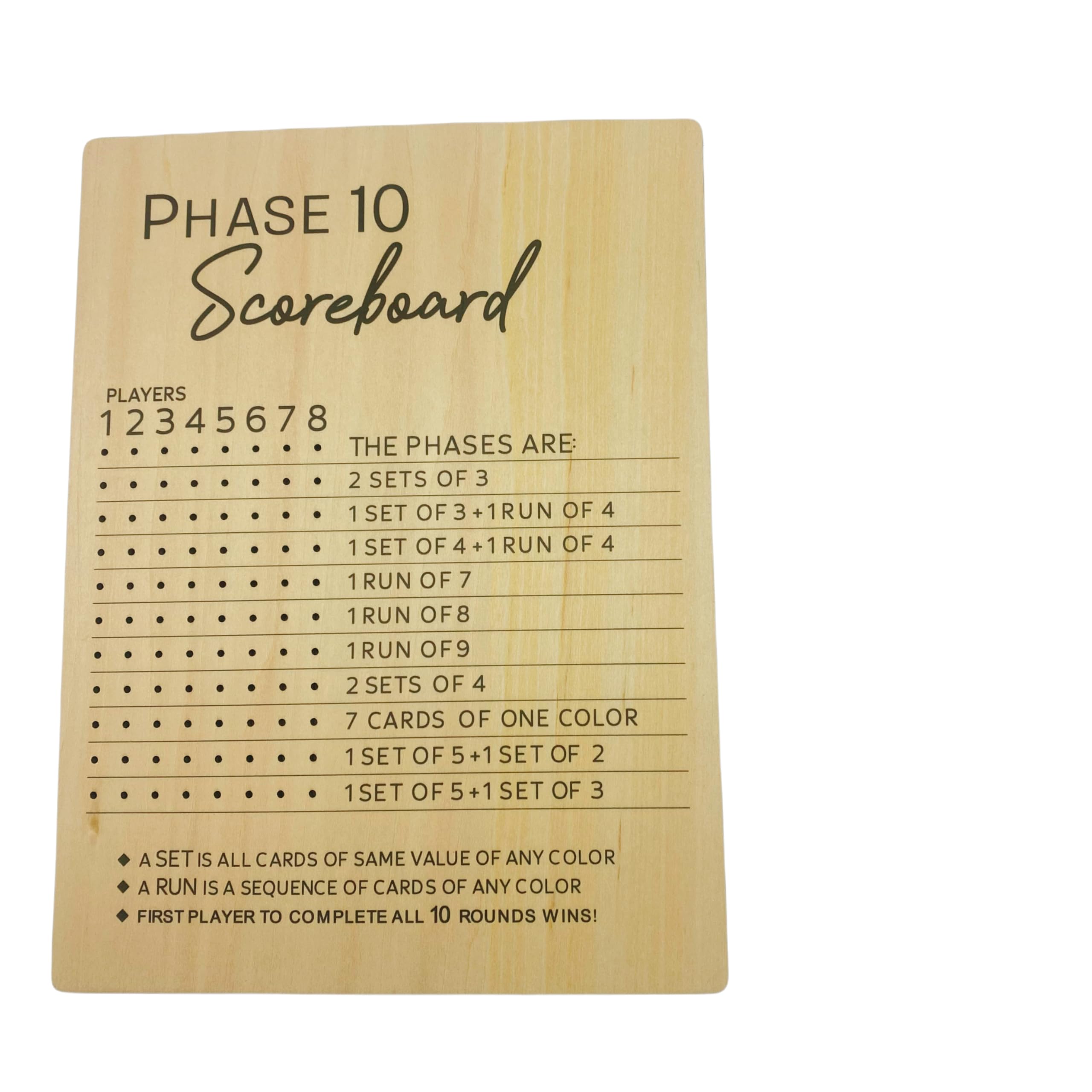 Phase 10 Score Board, Wooden Score Sheets with 8 Colored Pegs Accessories for Adults Party, Phase 10 Score Board for Flip Dice Game and Card Game