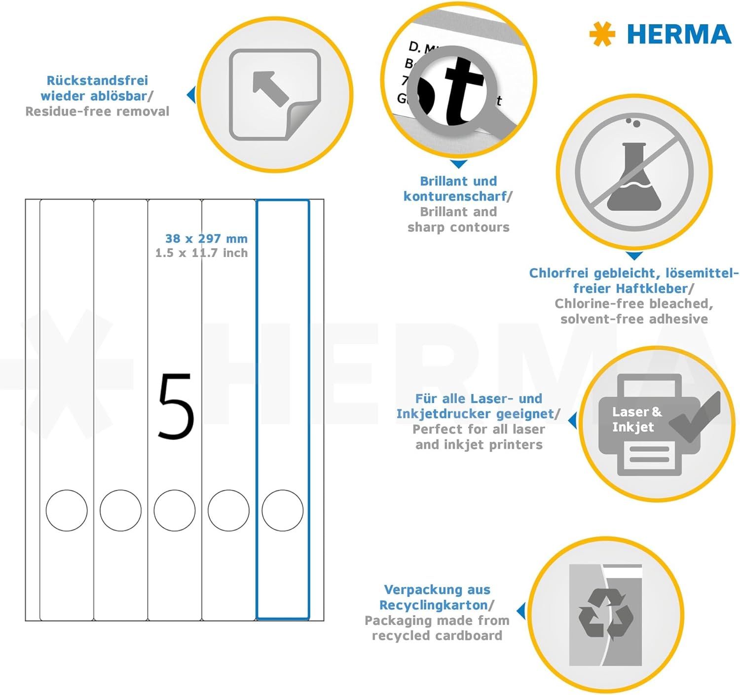 HERMA 10175 Self Adhesive Removable Spine Labels, 5 Labels per A4 Sheet, 25 Sheets, 38 x 297 mm, 125 Labels, Blank Lever Arch File Folder Stickers, Sticky Labels for Laser & Inkjet Printer, White