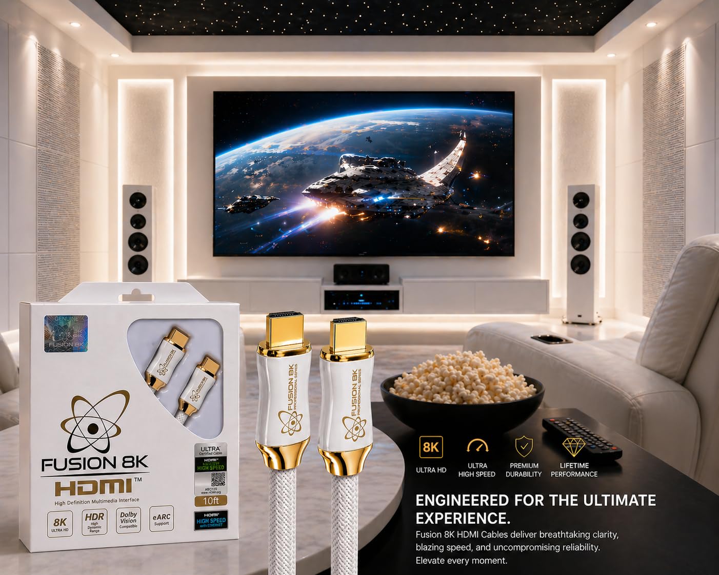 Fusion8K Cavo HDMI 2.1 bianco, 3 m, certificato 48 Gbps, 8K a 60 Hz, 4K a 120 Hz, 10 K, HDR Dolby Vision eARC, cavo intrecciato per PS5, Xbox Series X, Apple TV 4K