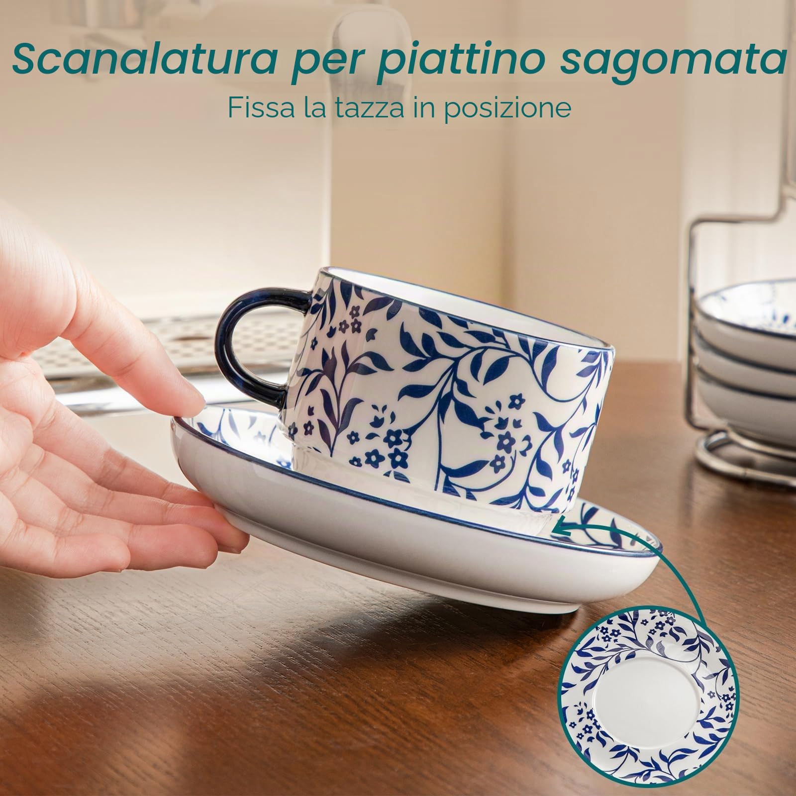 vancasso SELENE - Tazze da Caffè e Cappuccino con Piattino y Porta - 4 x 270 ml - Tazze da Colazione in Porcellana per Latte e Tè, Adatto a Lavastoviglie e Microonde - Vintage in Blu e Bianco