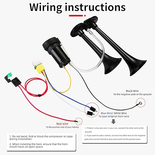 Miniatura 5 de Kit de bocina de aire de trompeta doble súper fuerte de 150 db con compresor para vehículos, camiones, trenes, barcos - 12 V, negro
