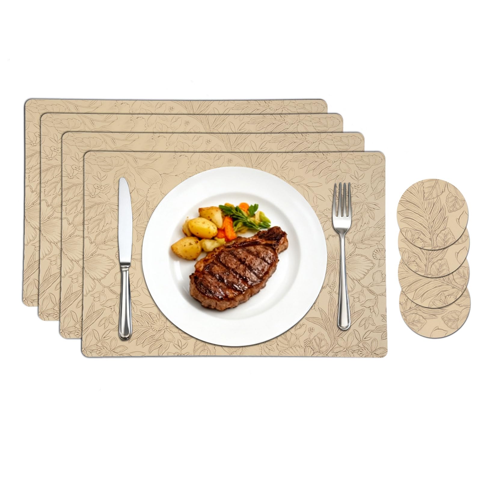 Homcomodar Tischsets Abwaschbar 4er Set Leder Platzsets Abwaschbar mit Untersetzer Blumen Platzset rutschfest Tischset Hitzebeständig für Hause Küche Restaurant(43x30cm Beige)