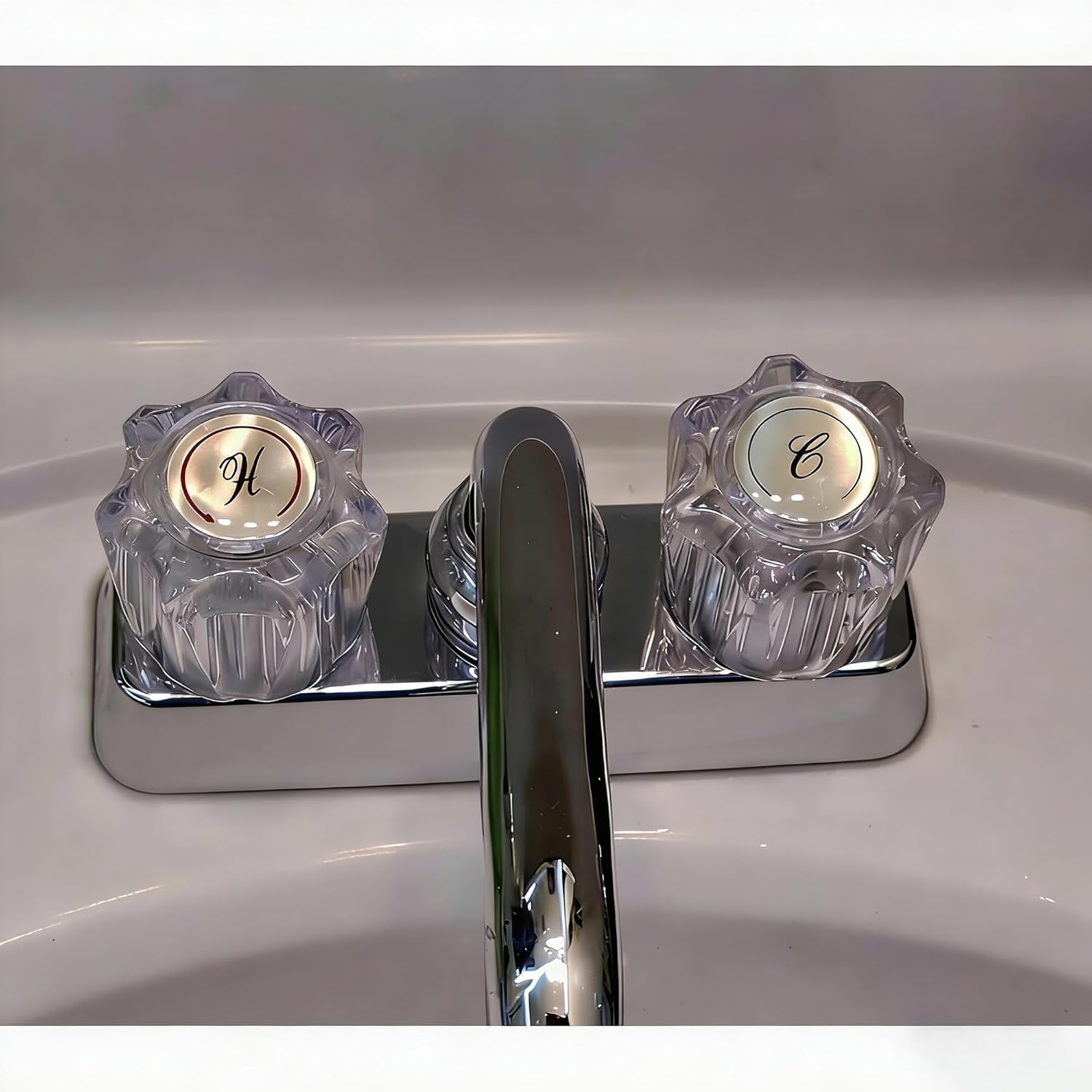 Universal Hot and Cold Faucet Index Buttons, 1.14 inch Inner Diameter Faucet Index Bathroom Sink Handle Buttons, Clear Acrylic with Gold for Delta/LDR/Delex/Peerless Two Clear Handles (4 pack)
