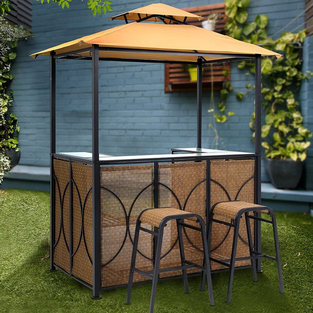 Danube Home Kelly Gazebo with Seating I Metal Frame Bar Counter I Polyester Roof I Weather Resistant Garden Patio Canopy I Garden Party Tent I Modern Design Outdoor Furniture I Size 6.33 x 4 Ft- Brown