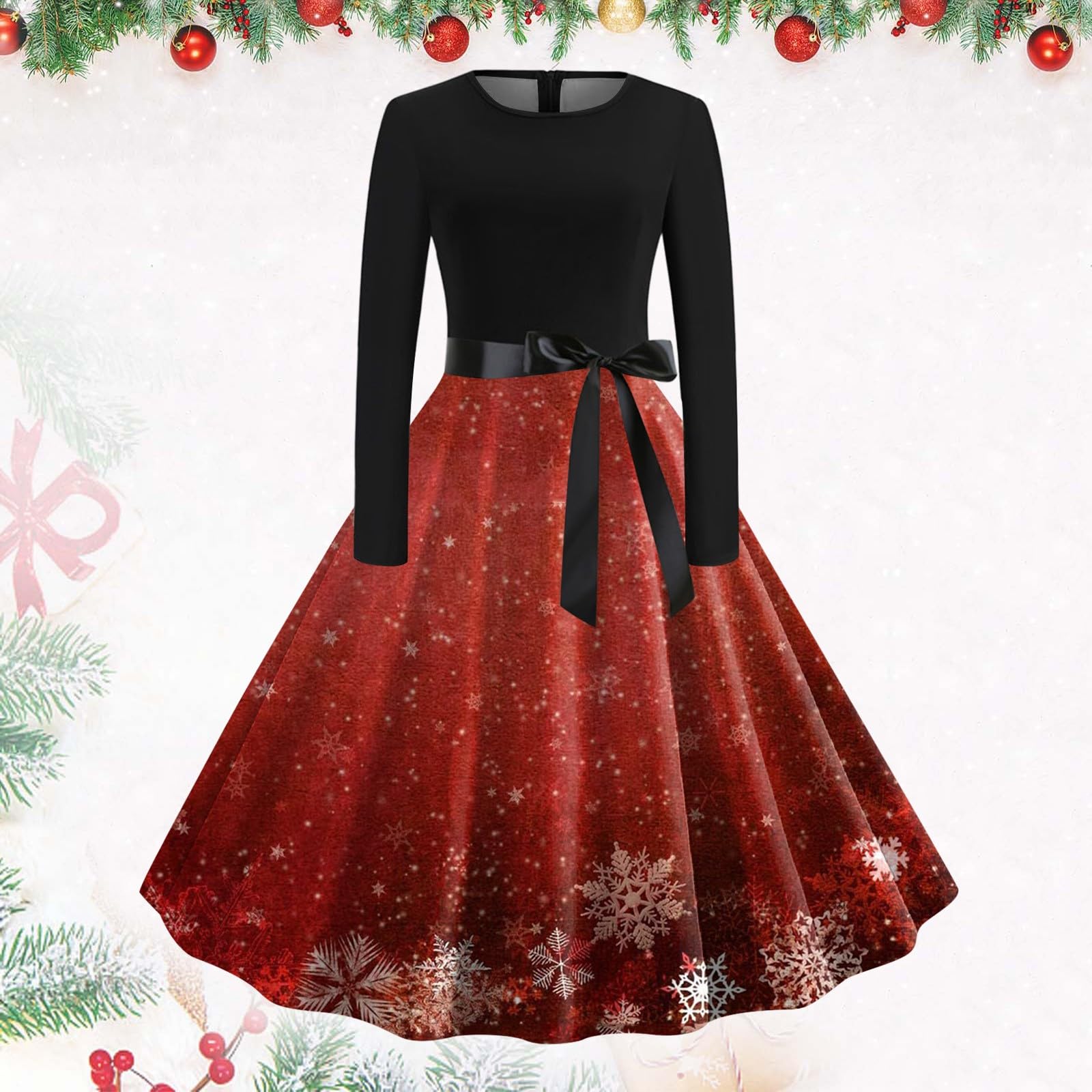 Vestido Mujer con Cuello Redondo y Mangas Largas en Estampado Elegante para Ocasiones y Eventos Sociales