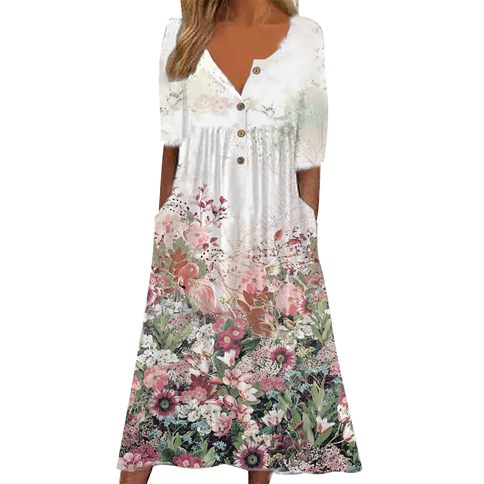 BOTCAM Vestido de verano para mujer, largo, maxi vestido con bolsillos, manga corta, cuello en V, 2024, estampado floral, vestido de playa, elegante, vestido de cóctel, vestido de noche, vestido de fiesta,