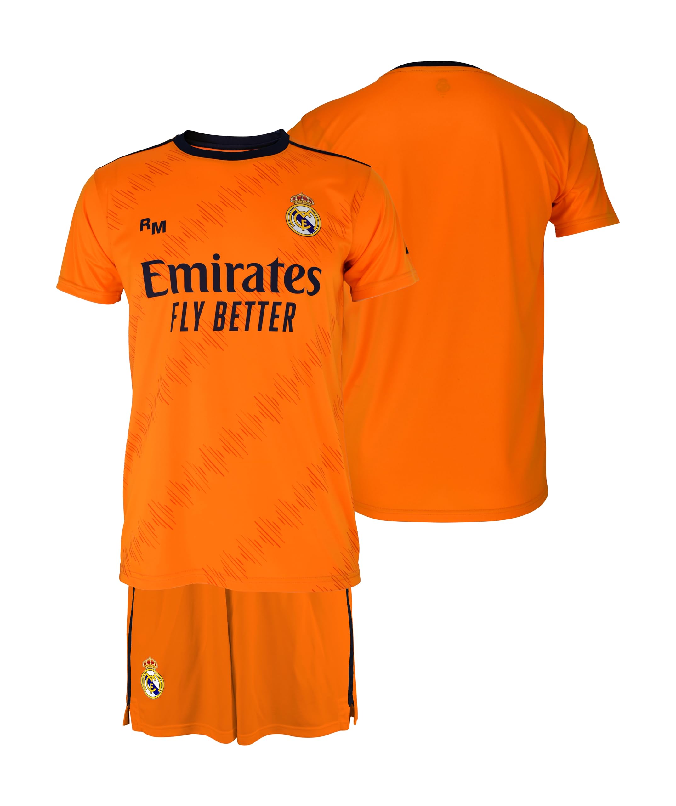 Real Madrid Conjunto Camiseta y Pantalón Segunda Equipación Temporada 24/25, Naranja, Niños 8 Años, Replica con Licencia Oficial