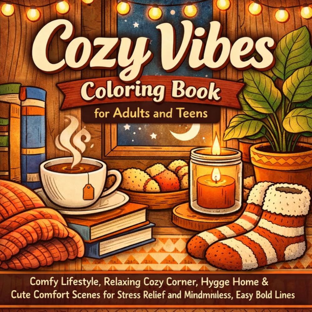 Cozy Vibes Coloring Book for Adults and Teens: Comfy Lifestyle, Relaxing Cozy Corner, Hygge Home & Cute Comfort Scenes for Stress Relief and Mindfulness, Easy Bold Lines
