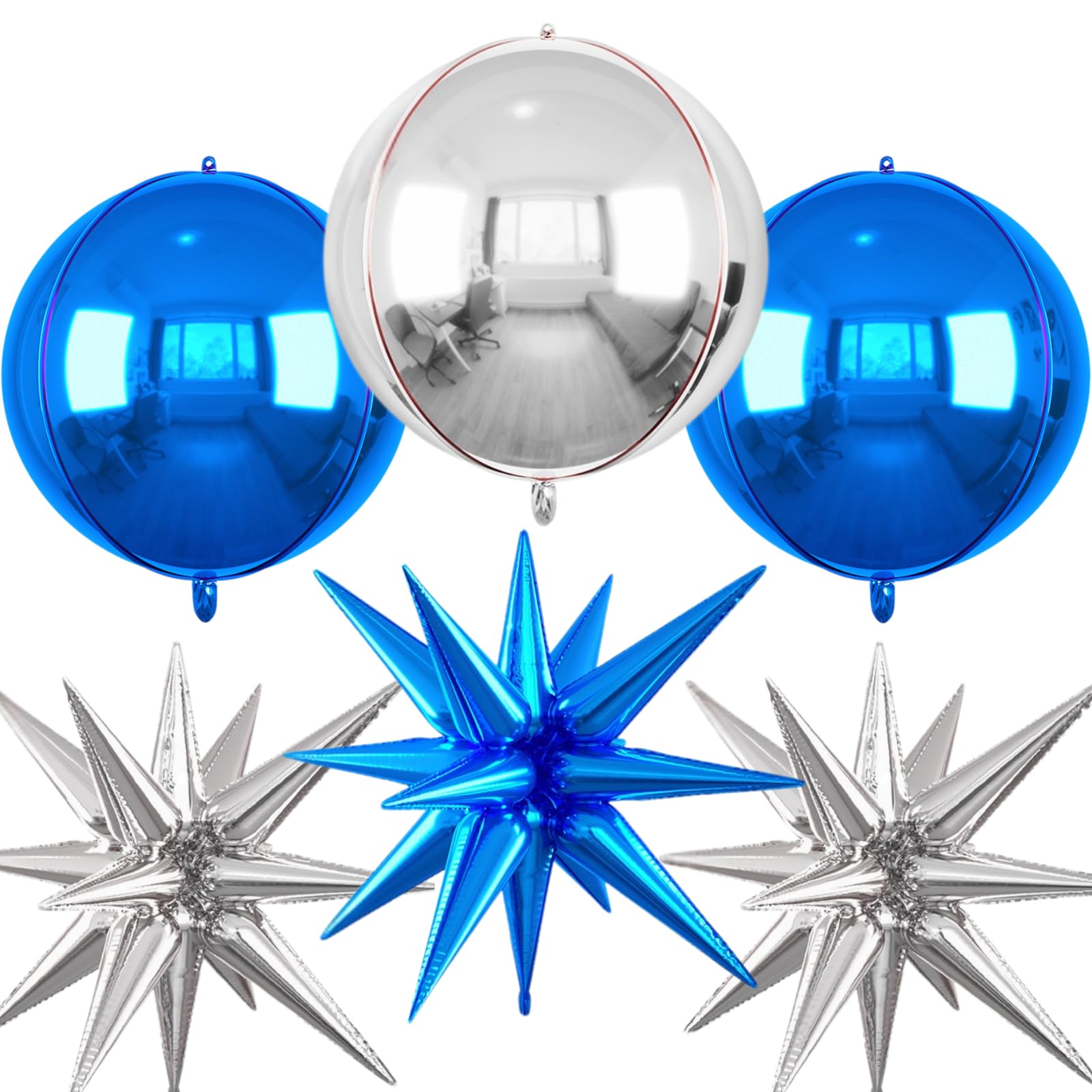 6pcs 22 inch Blue Silver Star Balloons and 4D Large Foil Balloons, Silver Dark Blue Star Balloon 4D Foil Aluminum Balloon For Birthday Baby Shower