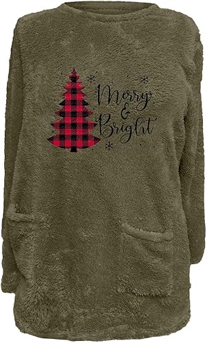 Miniatura 3 de Sherpa Fleece Christmas Tops for Women Plaid Xmas Tree Print Fluffy Sweatshirt Warm Fuzzy Sweater Pullover Holiday Loungewear