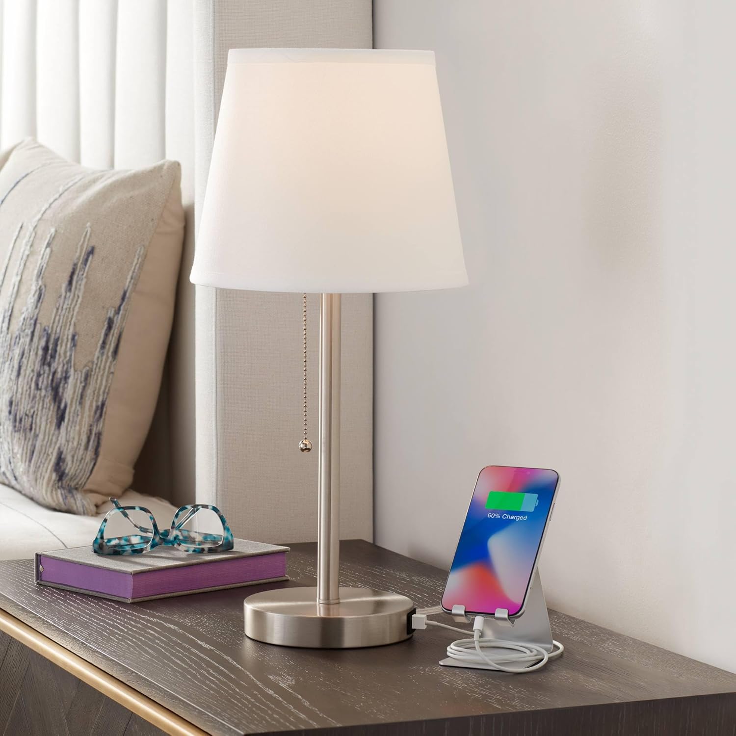 360 Lighting Flesner 20" High Modern Accent Table Lamp with Hotel Style USB Charging Ports A+C and AC Power Outlet in Base Brushed Nickel White Empire Shade Living Room Desk Bedroom House Bedside
