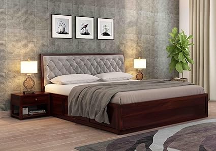 MoonWooden Solid Sheesham Wood King Size Bed with Storage |Wooden Double Bed Cot Bed with Box Storage (Honey, King Size Bed with Cushioned Head)