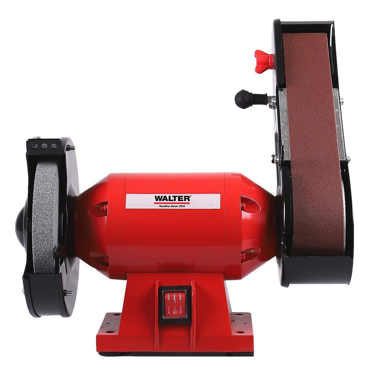 WALTER Kombischleifer 240 W, 230 V, Schleifbock, Funkenschutz, inkl. Schleifband & Schleifscheibe, sehr kraftvoll, Leerlaufdrehzahl 2950 min-1, an der Arbeitsfläche fixierbar, justierbarer Bandlauf